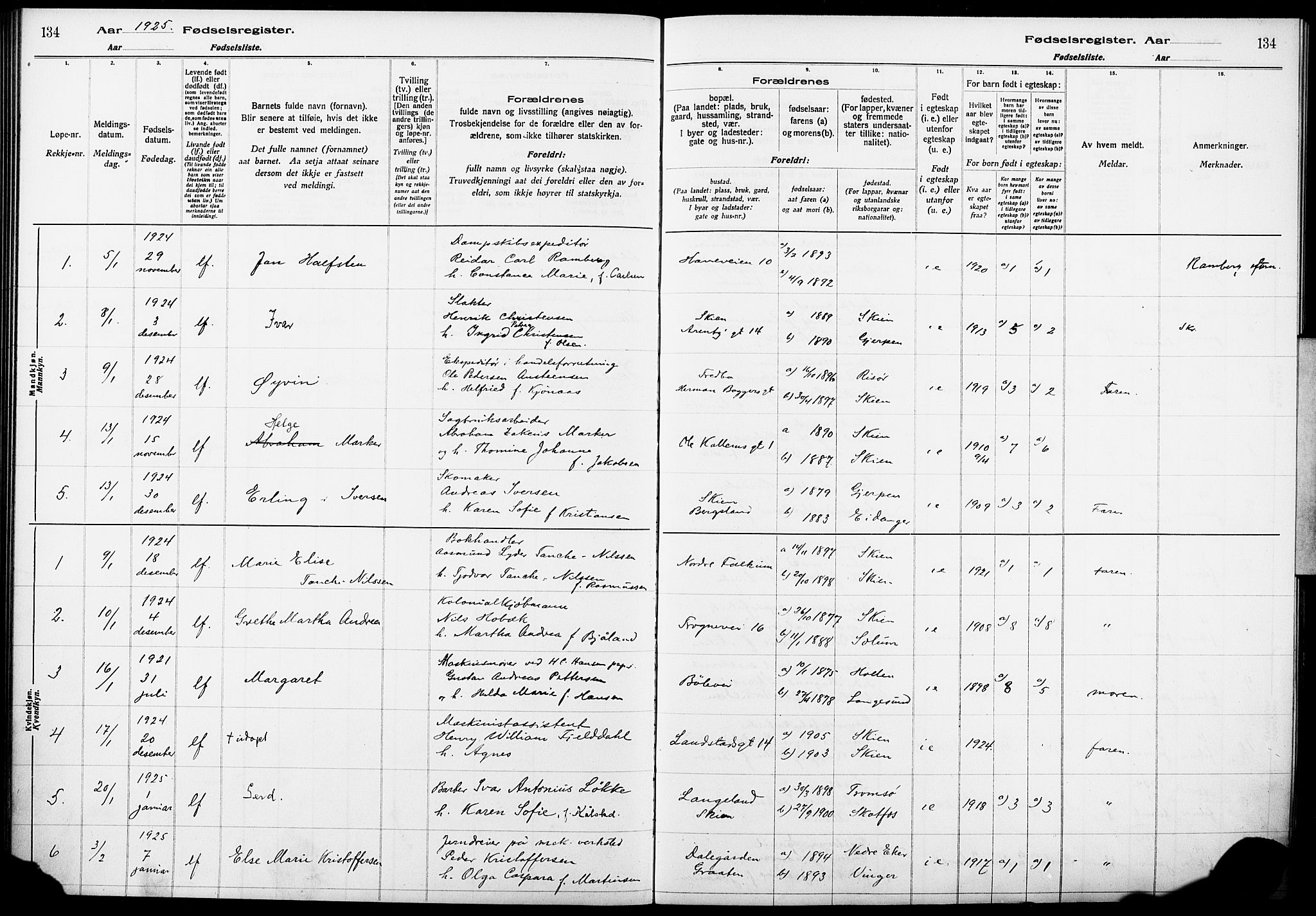 Skien kirkebøker, SAKO/A-302/J/Ja/L0002: Birth register no. 2, 1921-1927, p. 134