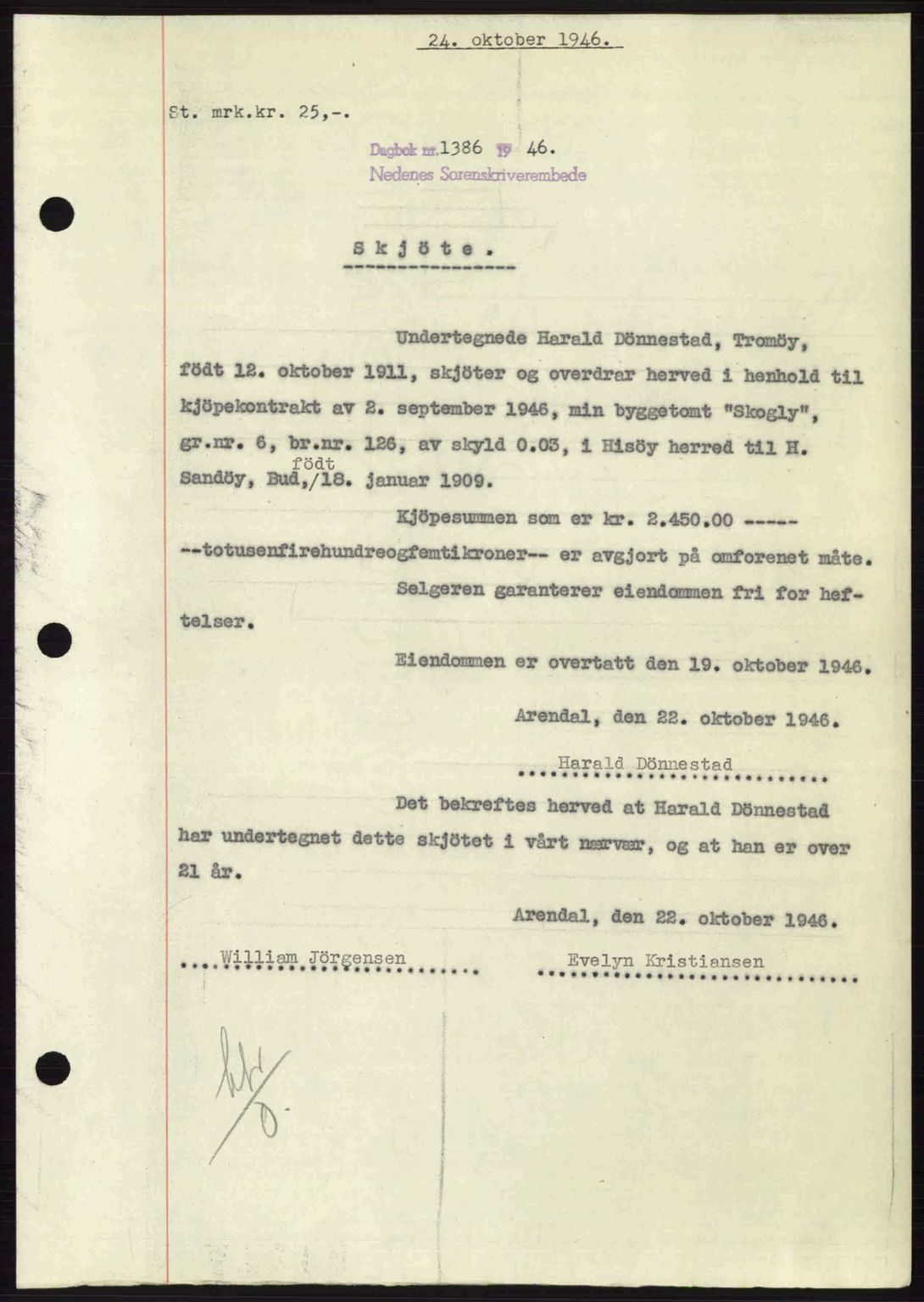 Nedenes sorenskriveri, SAK/1221-0006/G/Gb/Gba/L0056: Mortgage book no. A8, 1946-1947, Diary no: : 1386/1946