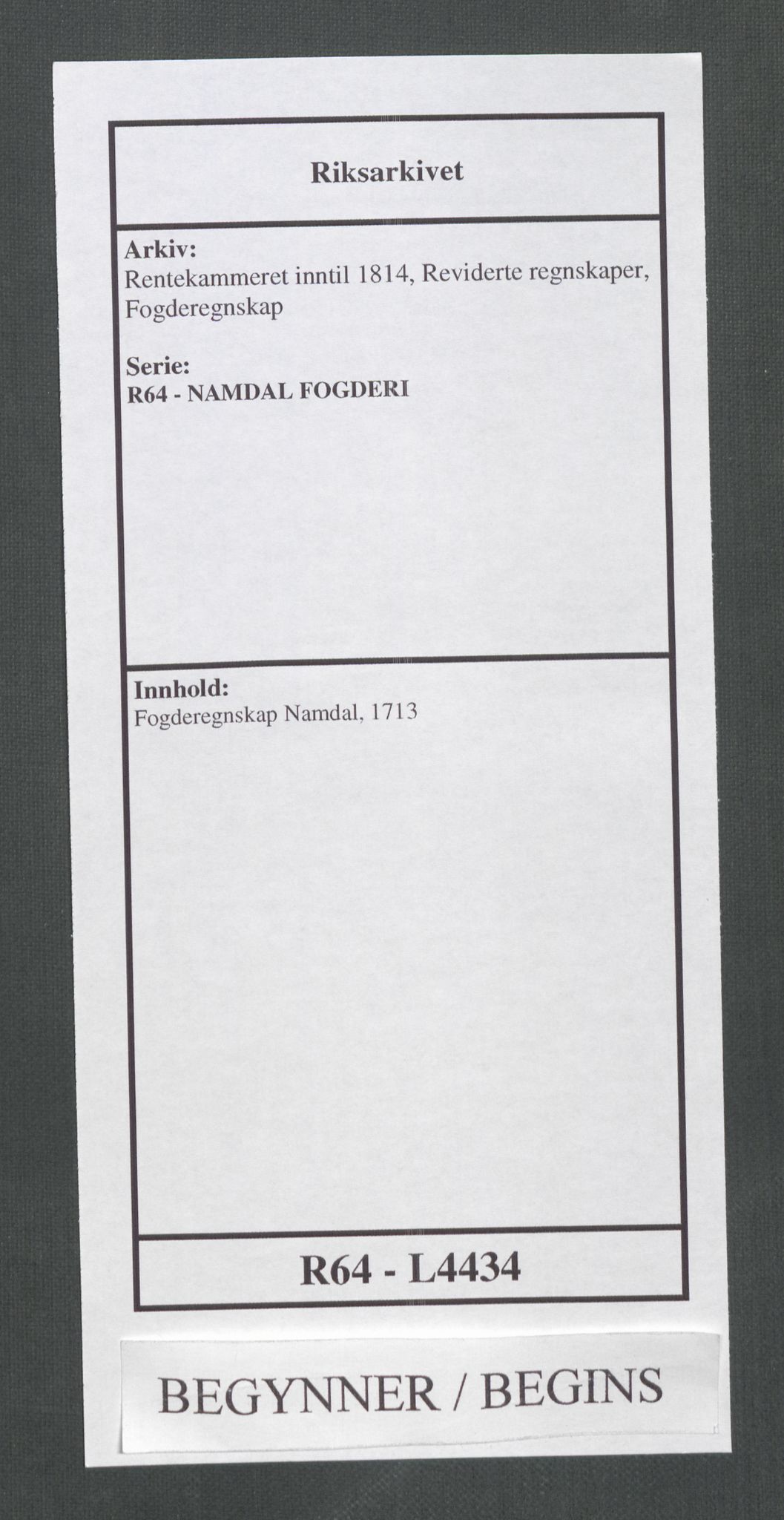 Rentekammeret inntil 1814, Reviderte regnskaper, Fogderegnskap, AV/RA-EA-4092/R64/L4434: Fogderegnskap Namdal, 1713, p. 1