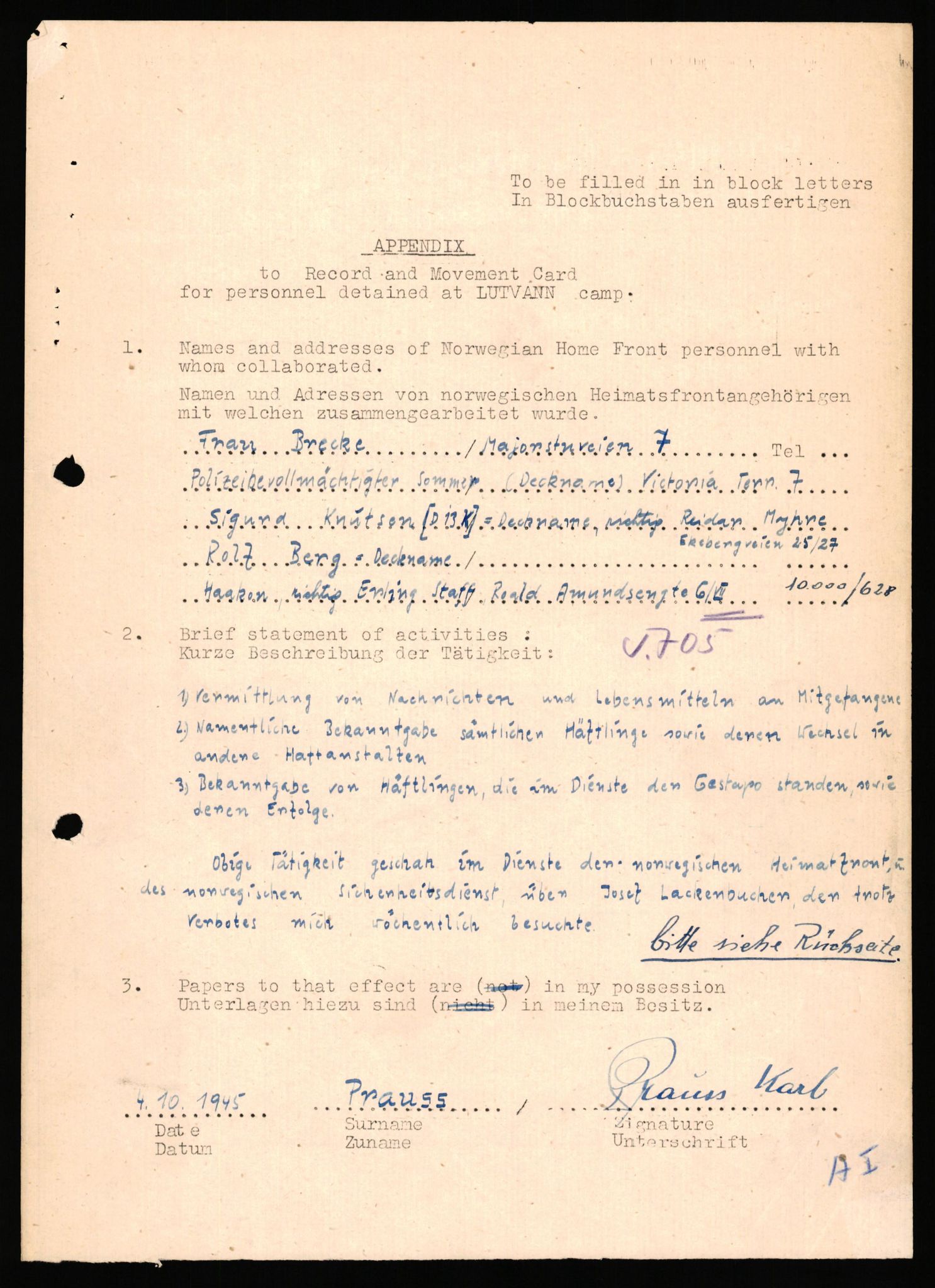 Forsvaret, Forsvarets overkommando II, AV/RA-RAFA-3915/D/Db/L0040: CI Questionaires. Tyske okkupasjonsstyrker i Norge. Østerrikere., 1945-1946, p. 82