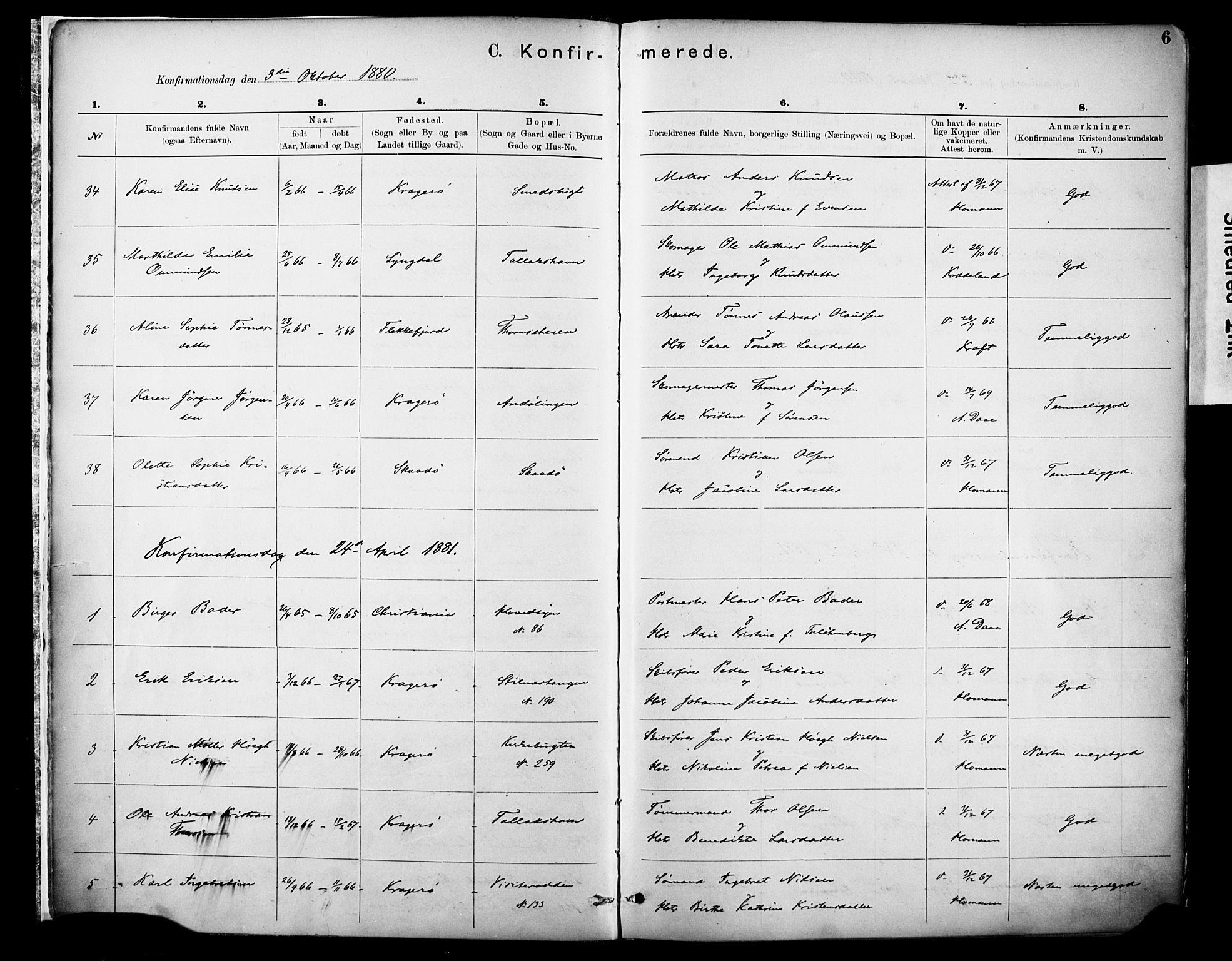 Kragerø kirkebøker, SAKO/A-278/F/Fa/L0012: Parish register (official) no. 12, 1880-1904, p. 6