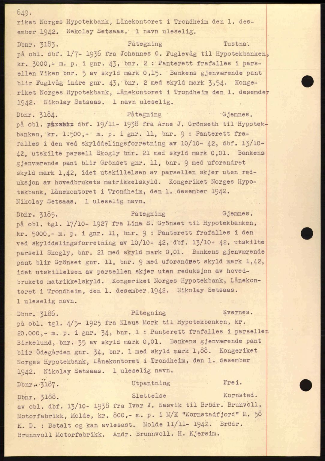 Nordmøre sorenskriveri, AV/SAT-A-4132/1/2/2Ca: Mortgage book no. C81, 1940-1945, Diary no: : 3183/1942