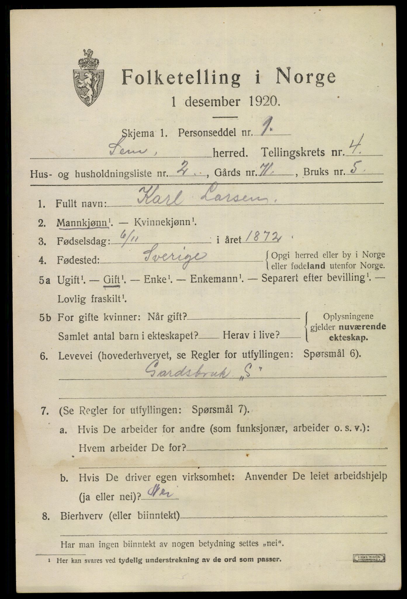 SAKO, 1920 census for Sem, 1920, p. 7087