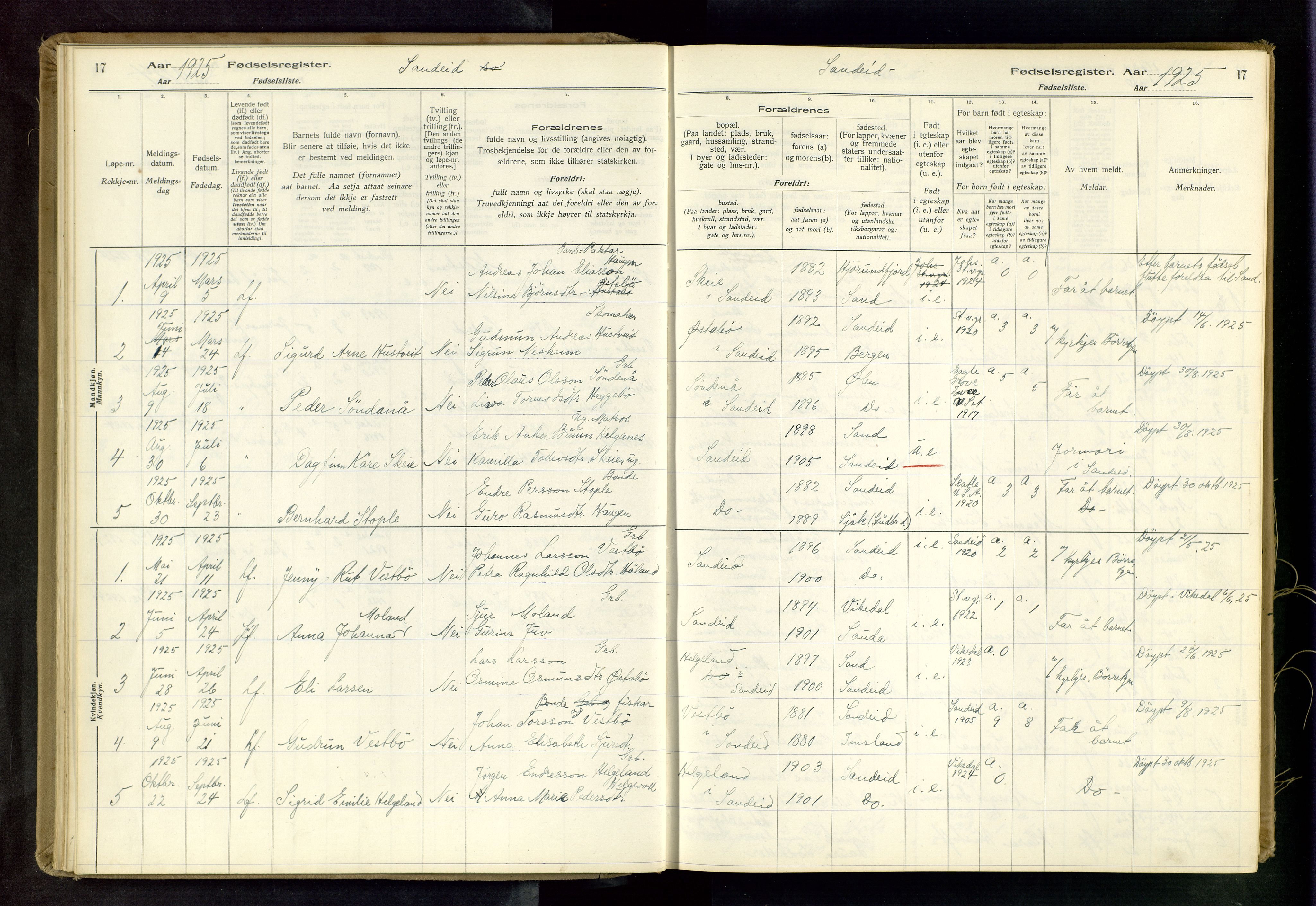 Vikedal sokneprestkontor, AV/SAST-A-101840/01/II: Birth register no. 4, 1916-1982, p. 17