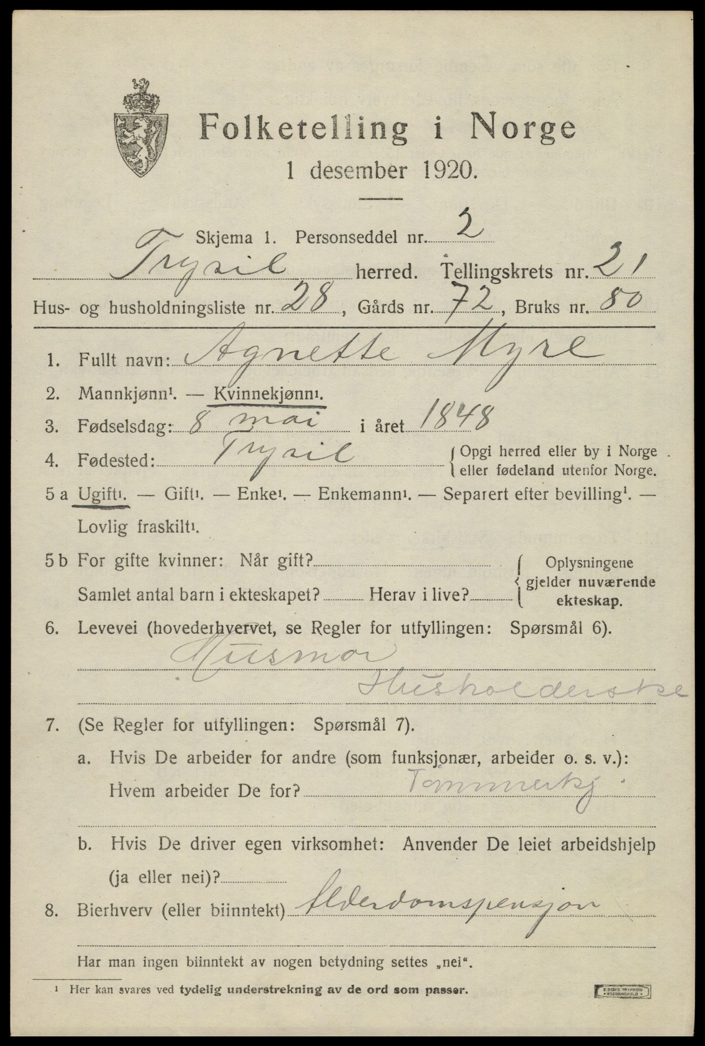 SAH, 1920 census for Trysil, 1920, p. 14107