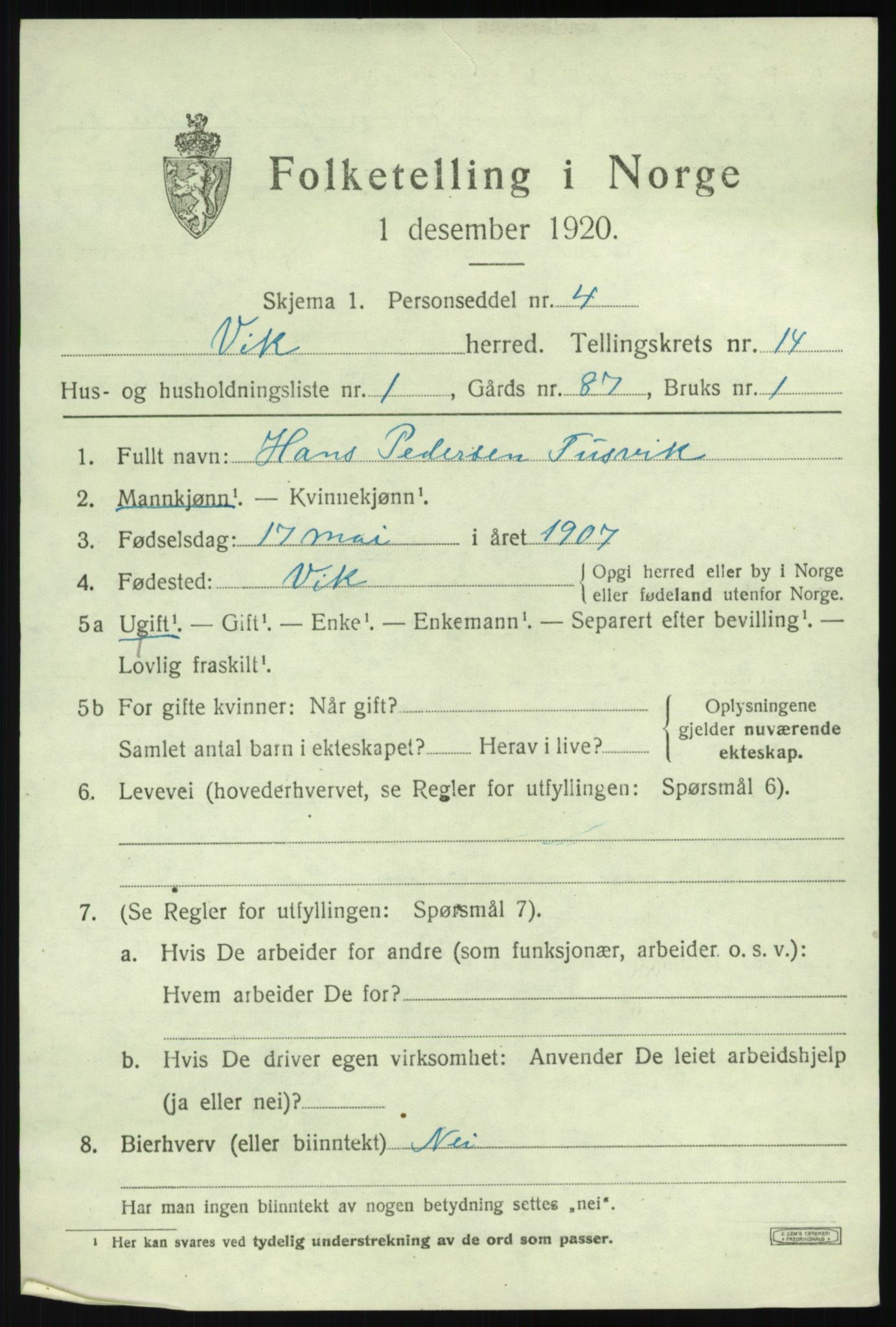 SAB, 1920 census for Vik, 1920, p. 7323