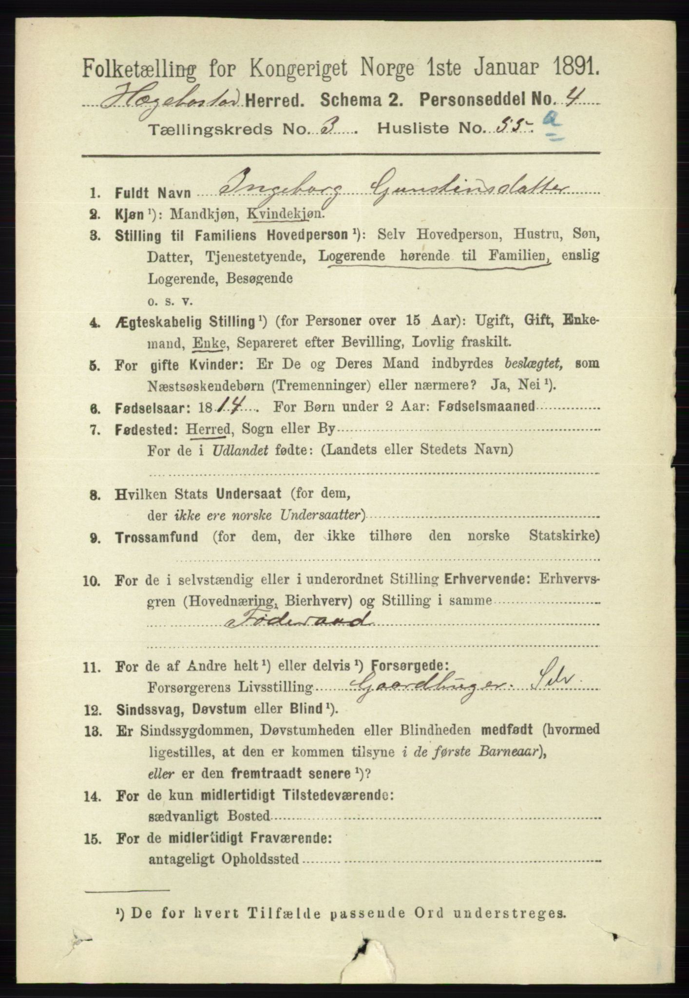 RA, 1891 census for 1034 Hægebostad, 1891, p. 1142