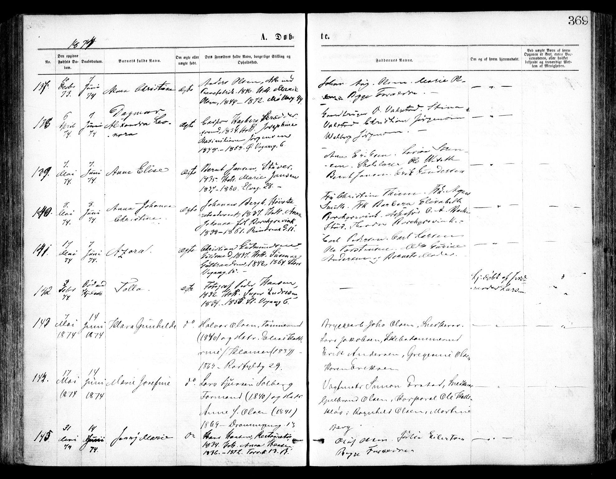 Oslo domkirke Kirkebøker, SAO/A-10752/F/Fa/L0017: Parish register (official) no. 17, 1869-1878, p. 369