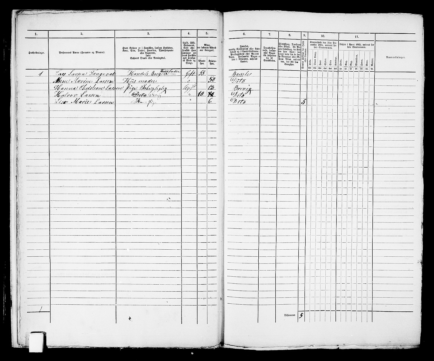 RA, 1865 census for Brevik, 1865, p. 15