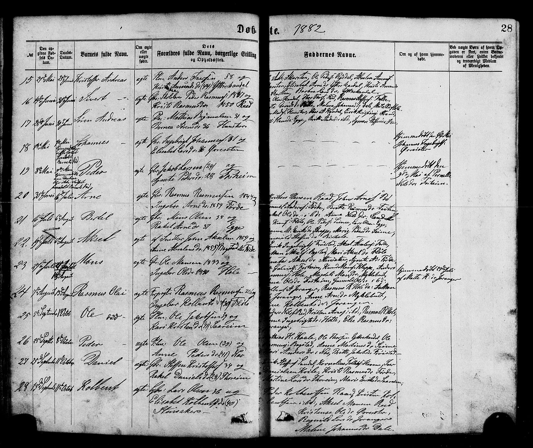 Gloppen sokneprestembete, AV/SAB-A-80101/H/Hab/Habc/L0001: Parish register (copy) no. C 1, 1872-1896, p. 28