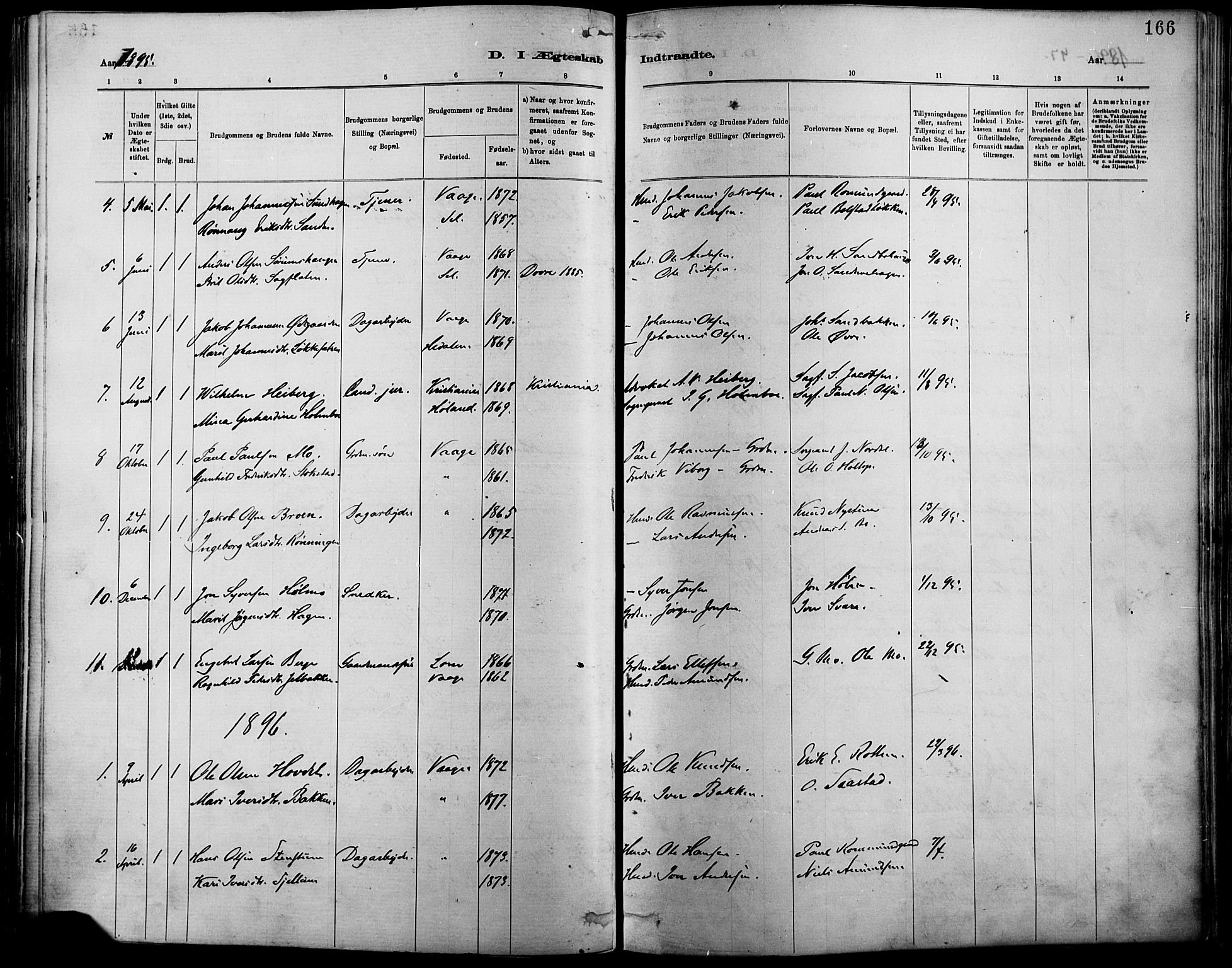 Vågå prestekontor, SAH/PREST-076/H/Ha/Haa/L0009: Parish register (official) no. 9, 1886-1904, p. 166