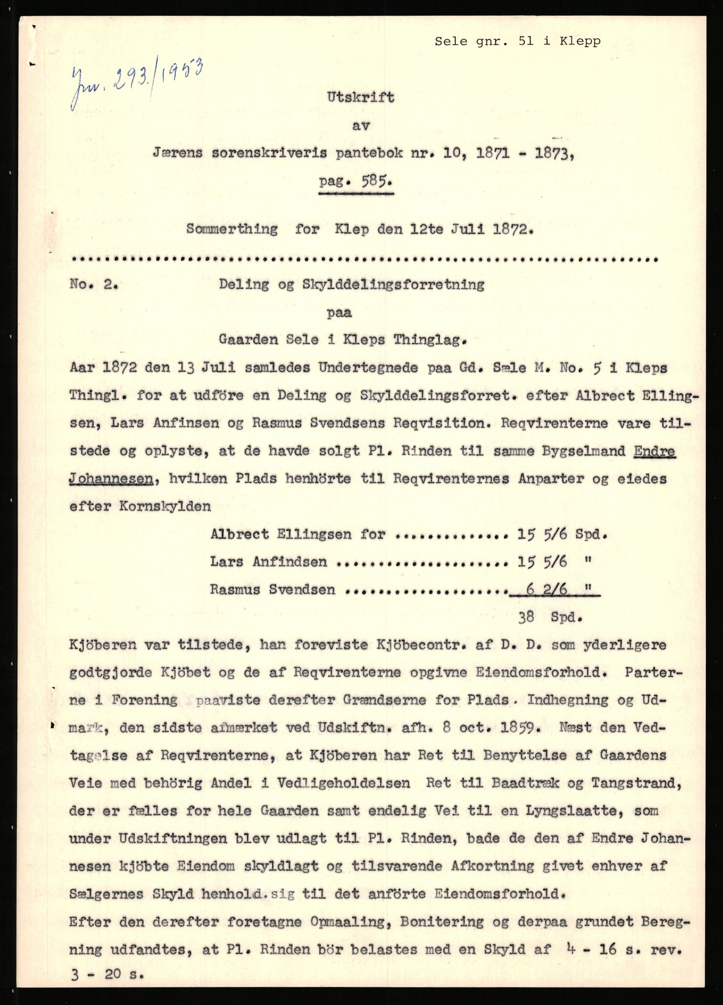 Statsarkivet i Stavanger, SAST/A-101971/03/Y/Yj/L0073: Avskrifter sortert etter gårdsnavn: Sandstøl ytre - Selland, 1750-1930, p. 447