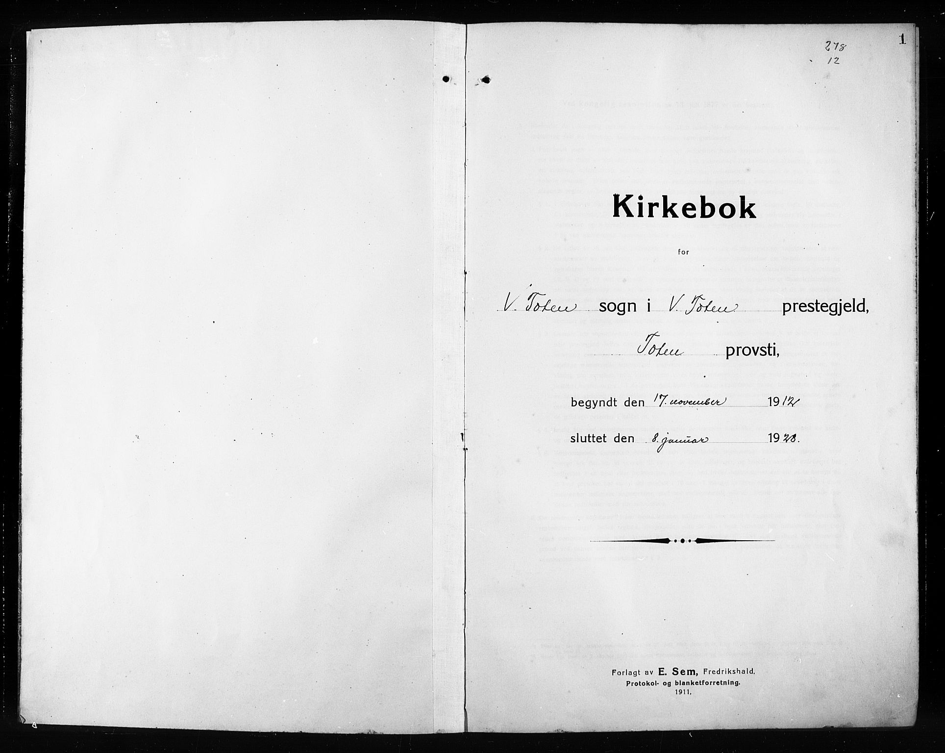 Vestre Toten prestekontor, SAH/PREST-108/H/Ha/Hab/L0012: Parish register (copy) no. 12, 1909-1928, p. 1