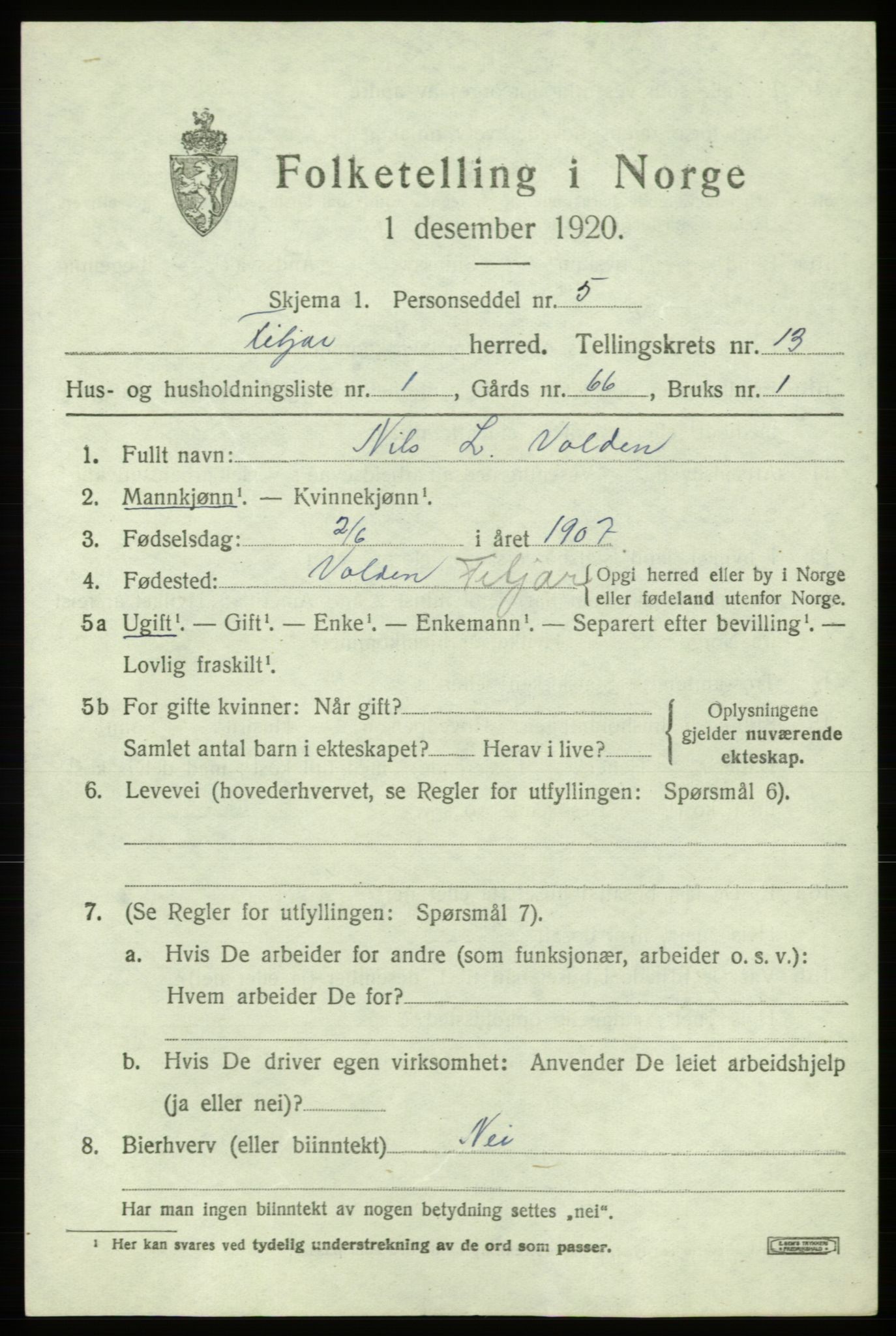 SAB, 1920 census for Fitjar, 1920, p. 5082