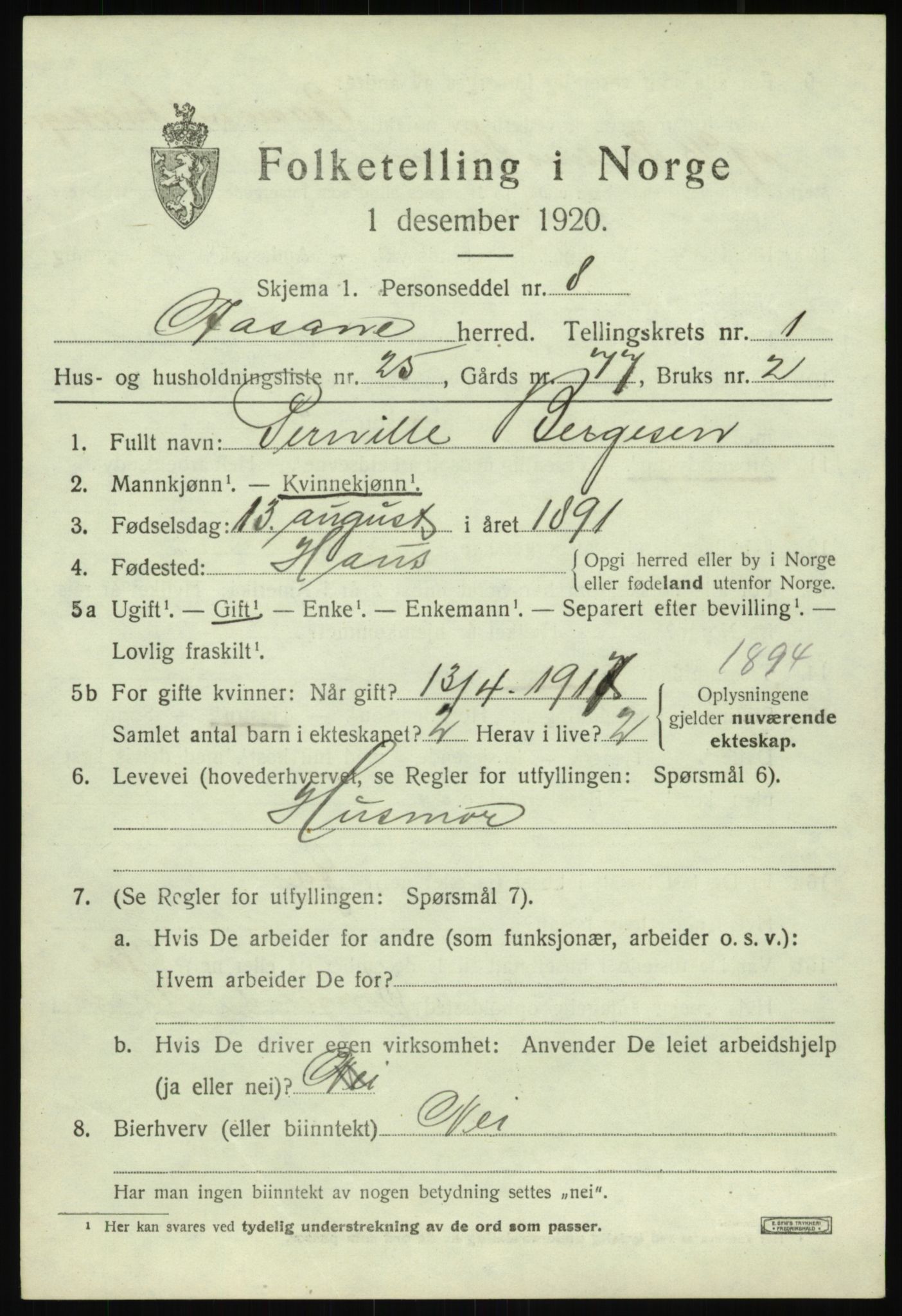 SAB, 1920 census for Åsane, 1920, p. 1189