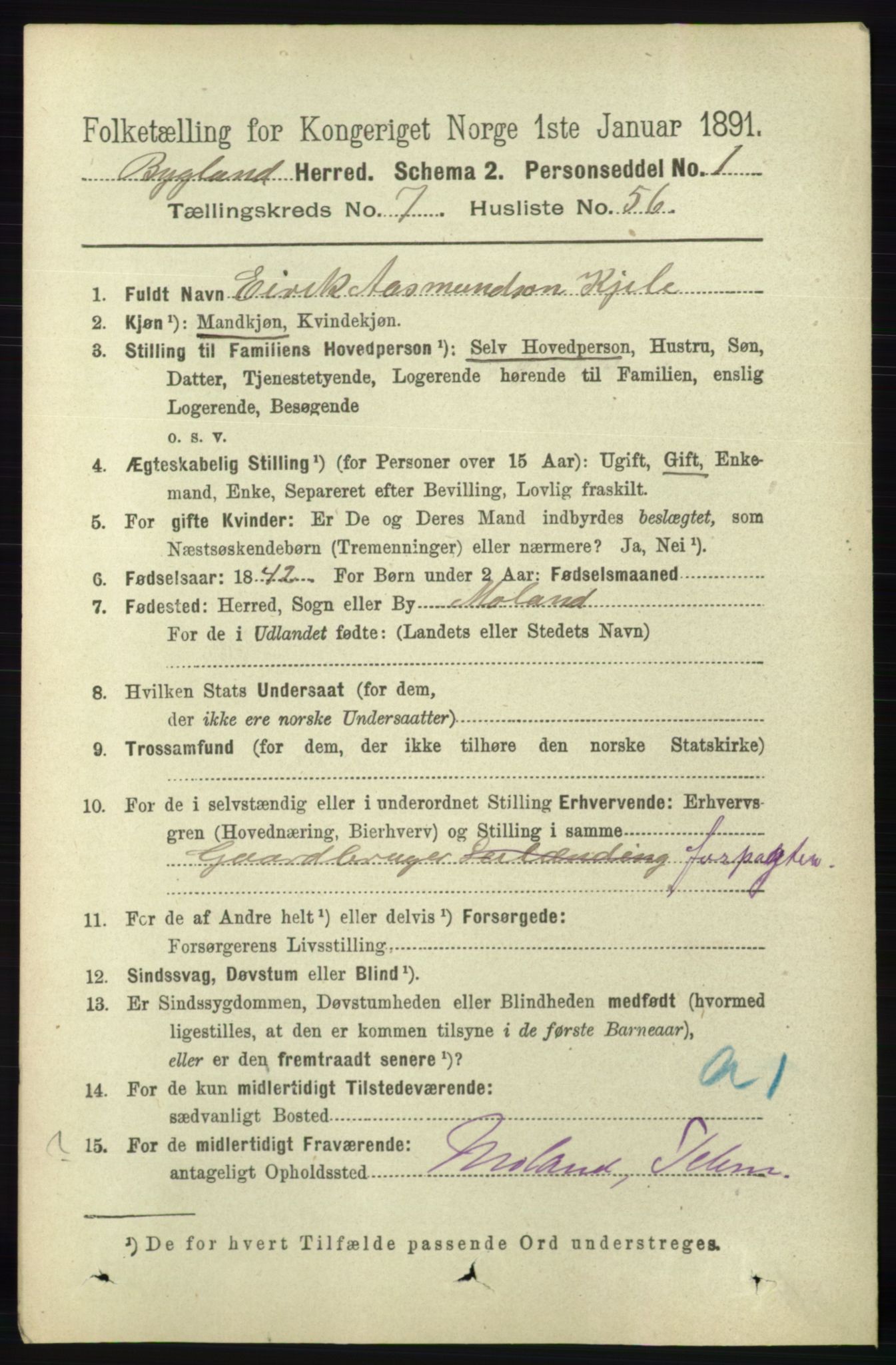 RA, 1891 census for 0938 Bygland, 1891, p. 1864