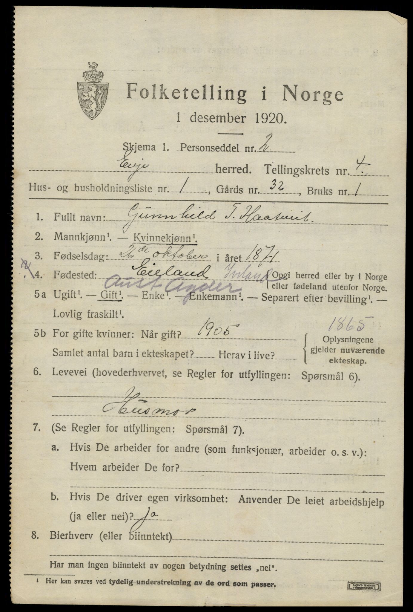 SAK, 1920 census for Evje, 1920, p. 1314