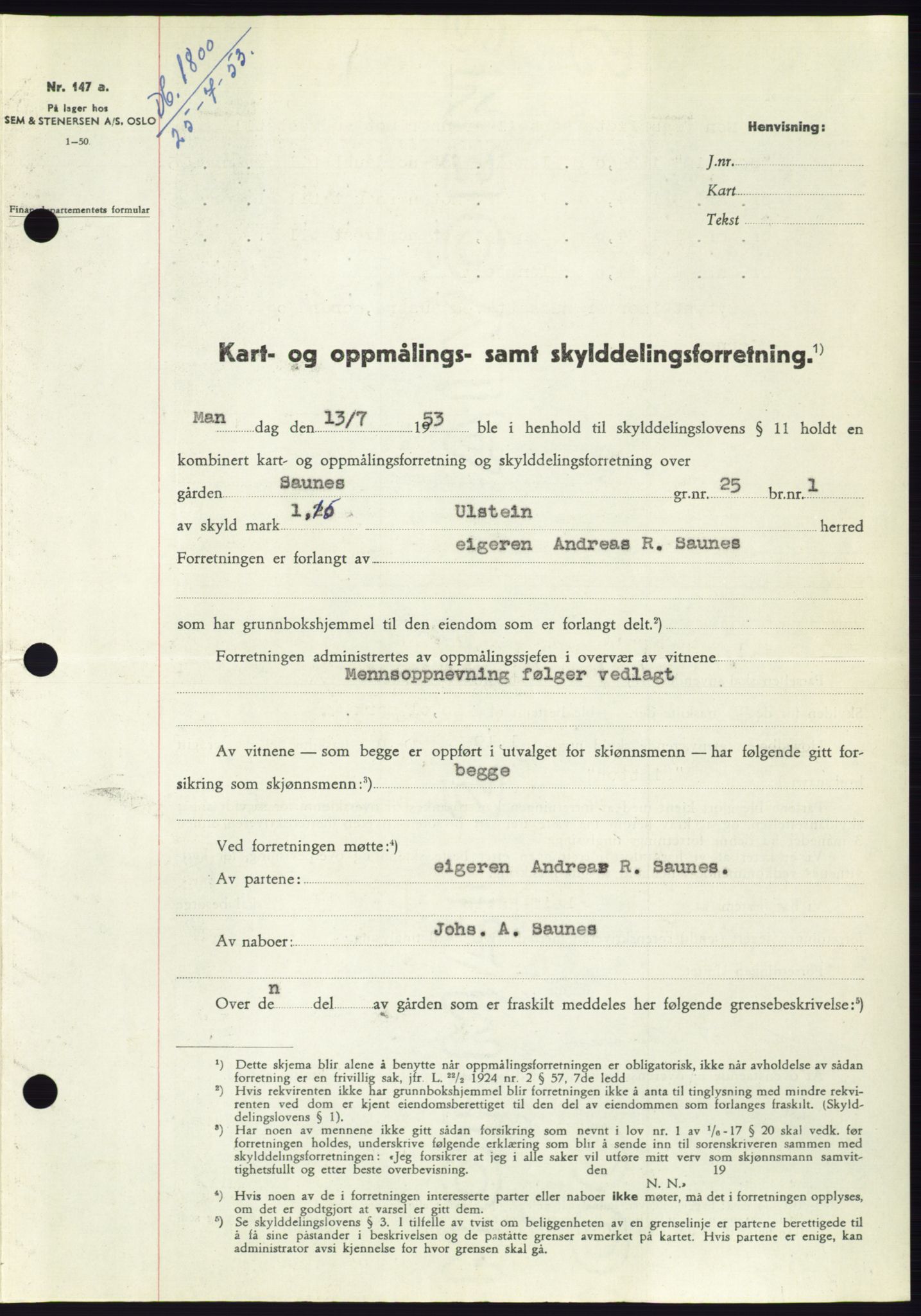 Søre Sunnmøre sorenskriveri, AV/SAT-A-4122/1/2/2C/L0095: Mortgage book no. 21A, 1953-1953, Diary no: : 1800/1953