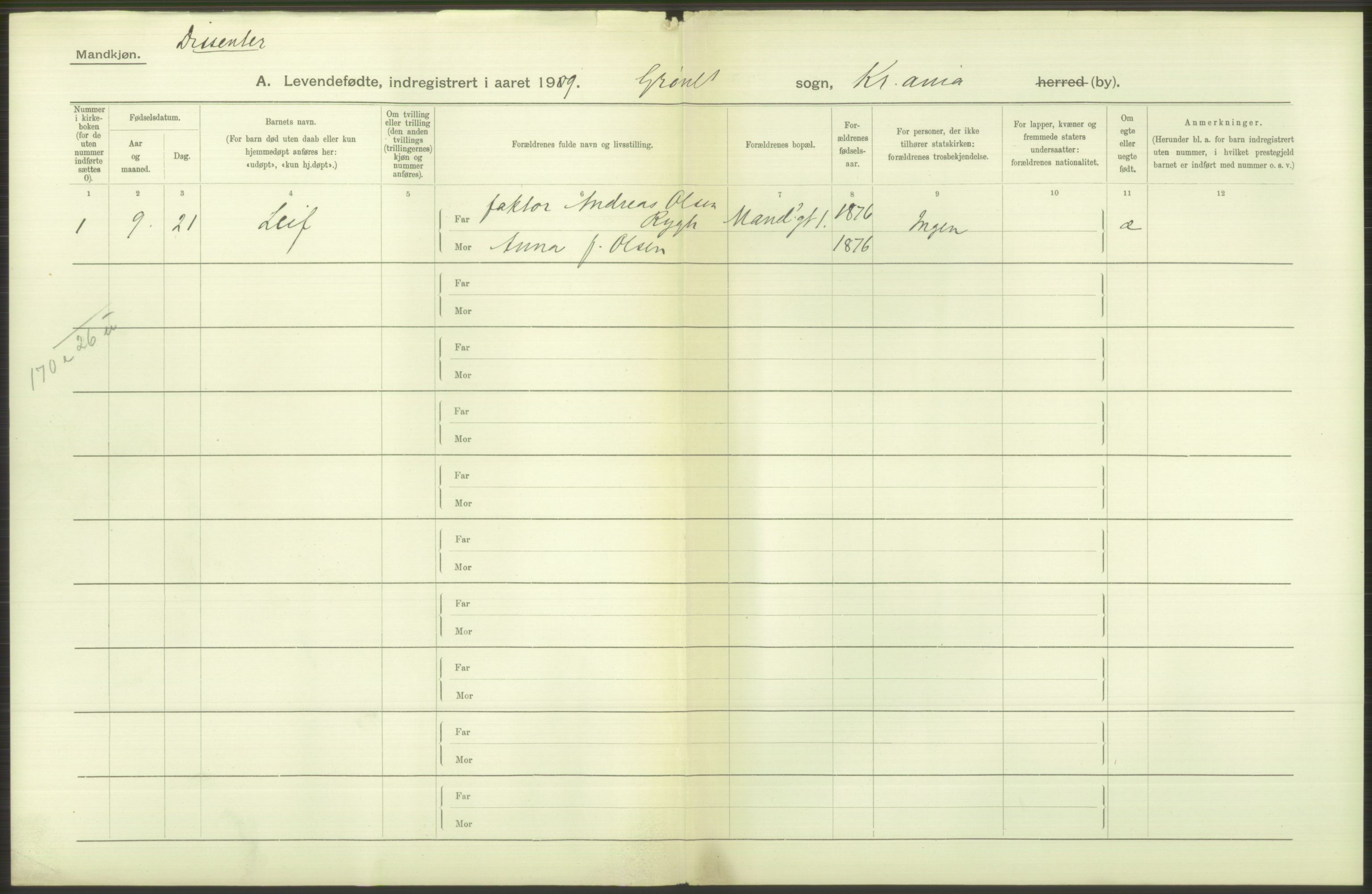 Statistisk sentralbyrå, Sosiodemografiske emner, Befolkning, AV/RA-S-2228/D/Df/Dfa/Dfag/L0007: Kristiania: Levendefødte menn og kvinner., 1909, p. 214