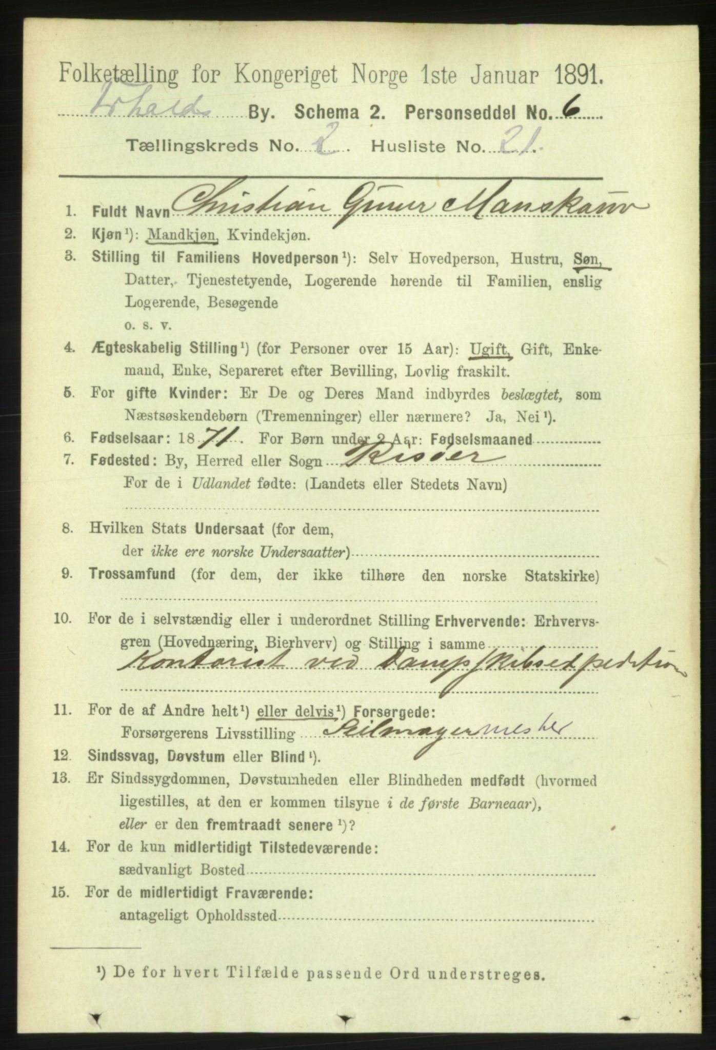 RA, 1891 census for 0101 Fredrikshald, 1891, p. 2906