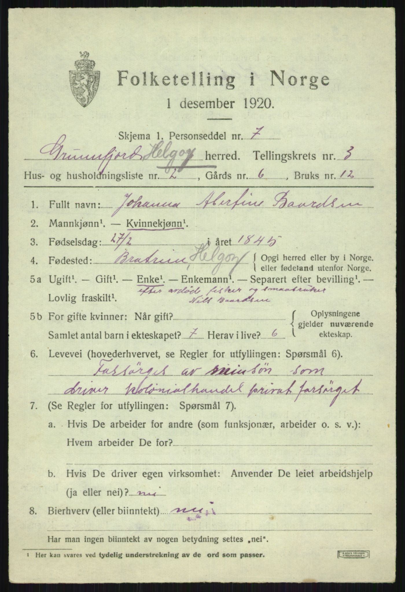 SATØ, 1920 census for Helgøy, 1920, p. 1405