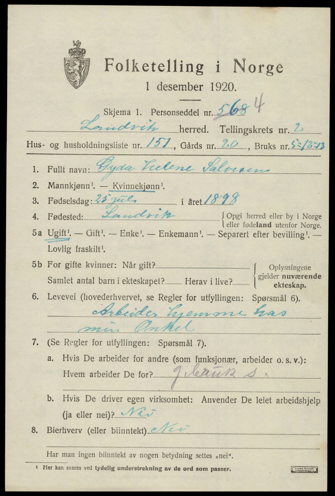 SAK, 1920 census for Landvik, 1920, p. 2888