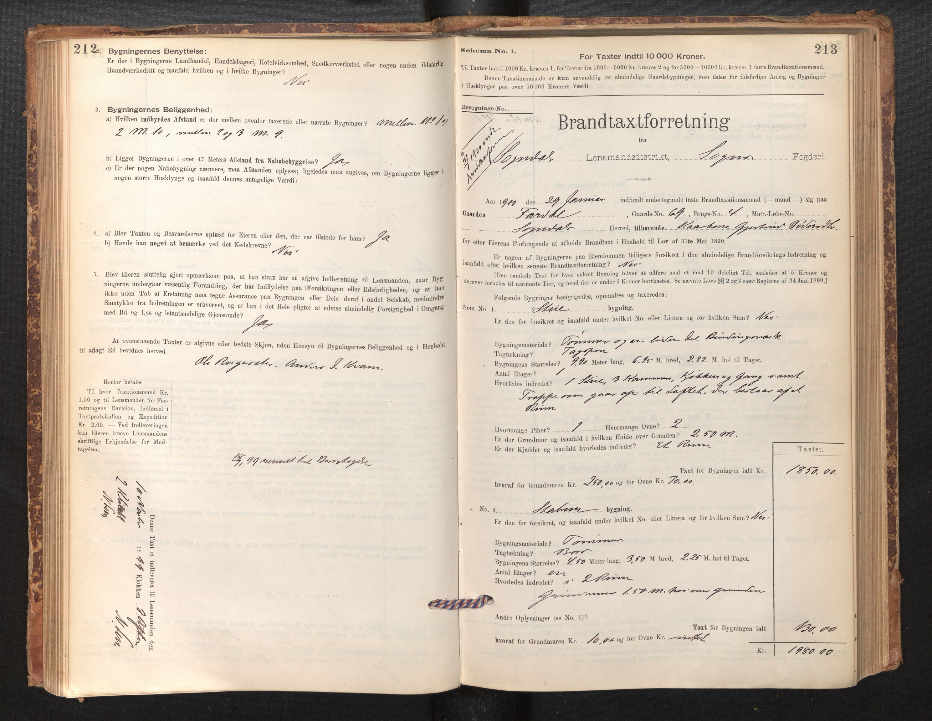 Lensmannen i Sogndal, SAB/A-29901/0012/L0008: Branntakstprotokoll, skjematakst, 1895-1906, p. 212-213