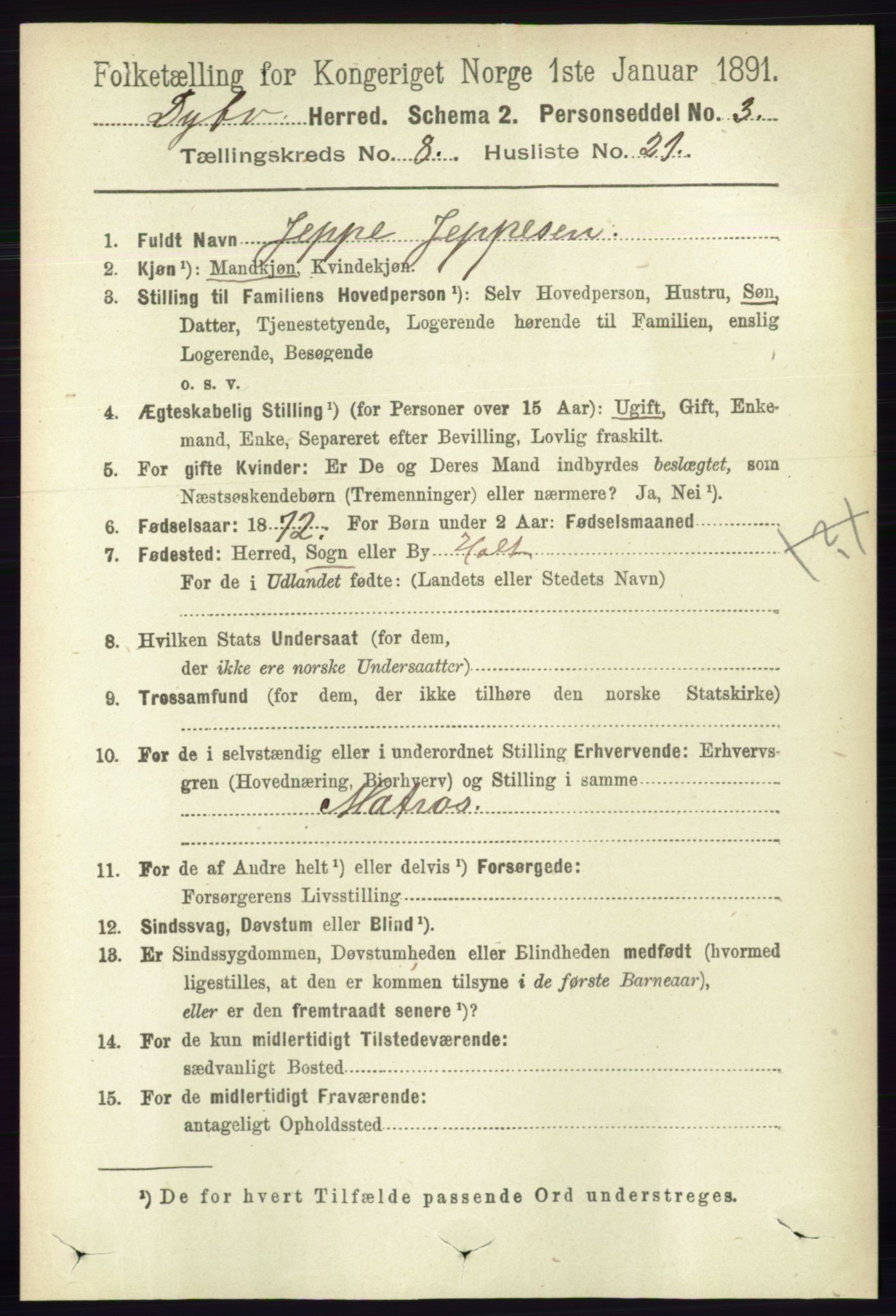 RA, 1891 census for 0915 Dypvåg, 1891, p. 2843