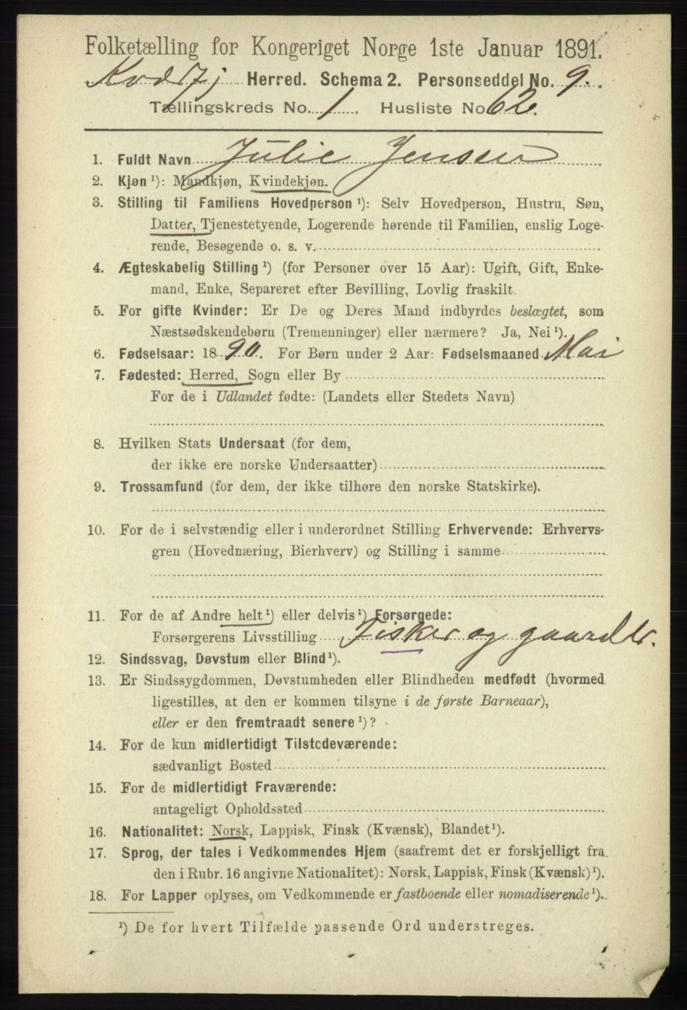 RA, 1891 census for 1911 Kvæfjord, 1891, p. 527