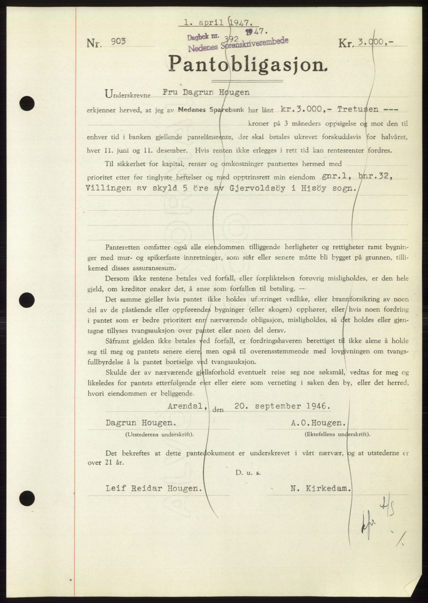 Nedenes sorenskriveri, AV/SAK-1221-0006/G/Gb/Gbb/L0004: Mortgage book no. B4, 1947-1947, Diary no: : 392/1947