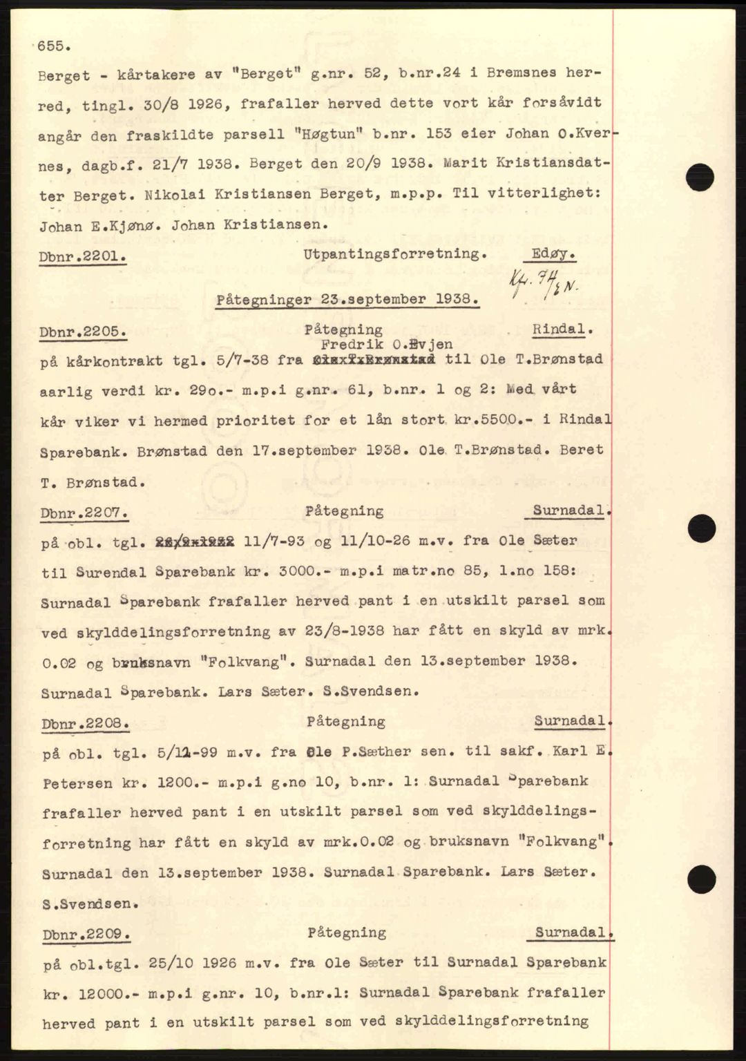 Nordmøre sorenskriveri, AV/SAT-A-4132/1/2/2Ca: Mortgage book no. C80, 1936-1939, Diary no: : 2201/1938