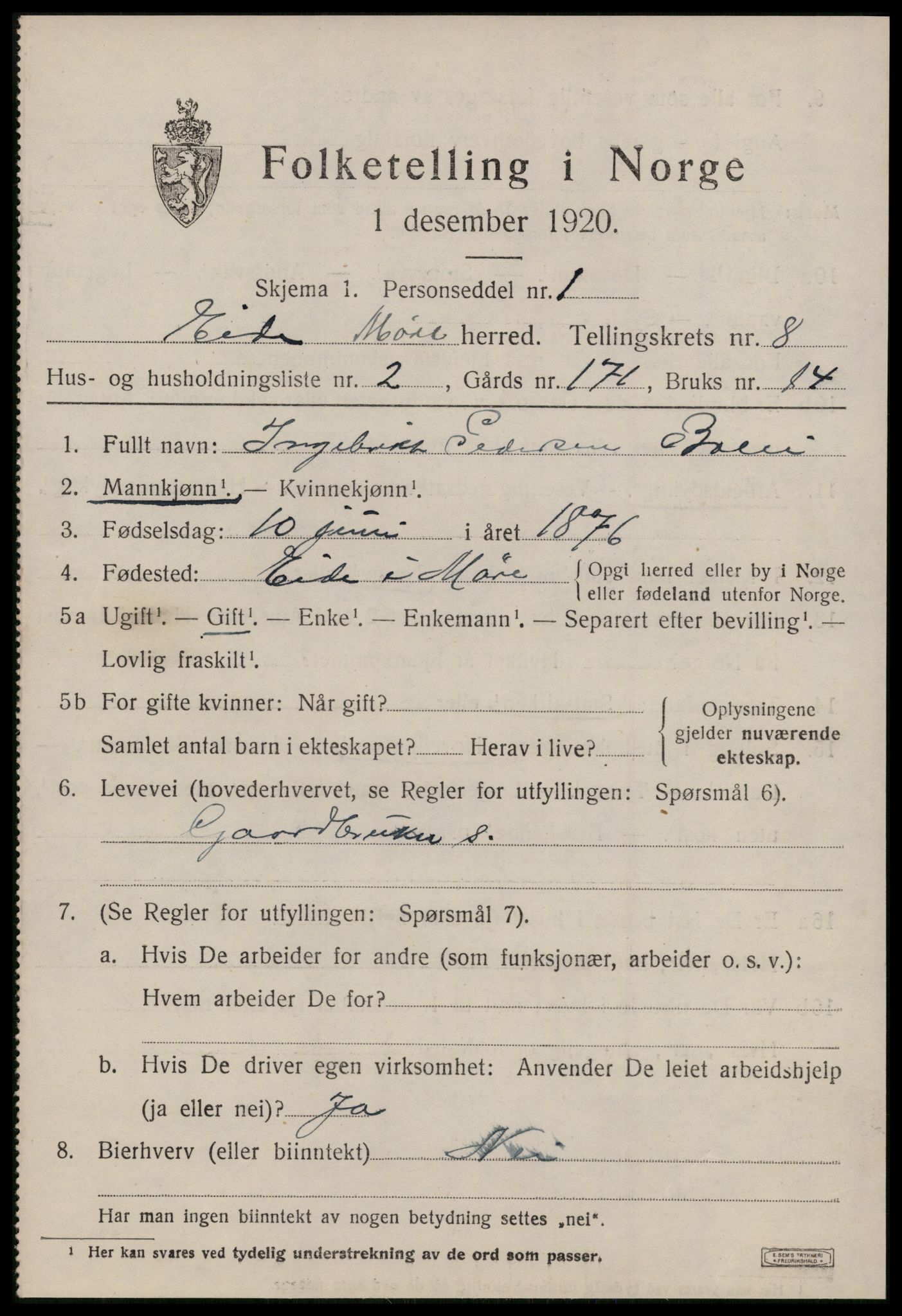 SAT, 1920 census for Eid (MR), 1920, p. 3614