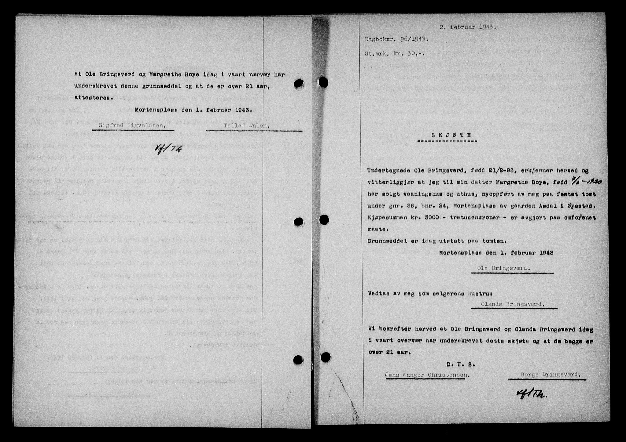 Nedenes sorenskriveri, SAK/1221-0006/G/Gb/Gba/L0050: Mortgage book no. A-IV, 1942-1943, Diary no: : 96/1943