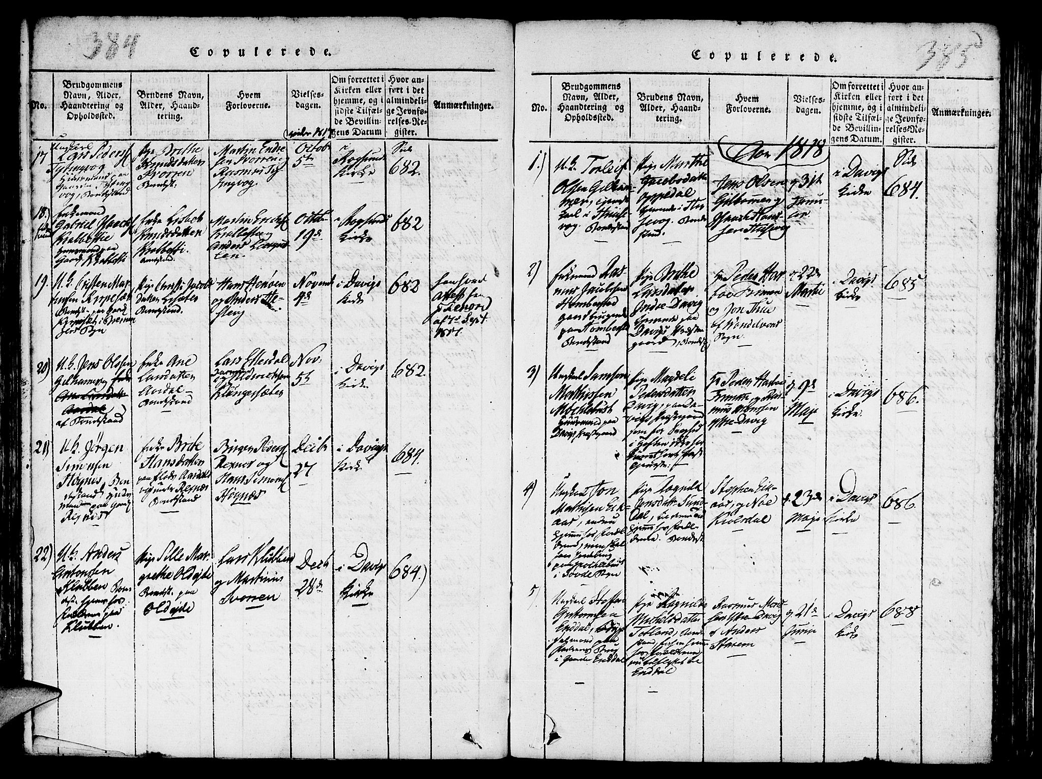 Davik sokneprestembete, AV/SAB-A-79701/H/Haa/Haaa/L0003: Parish register (official) no. A 3, 1816-1830, p. 384-385