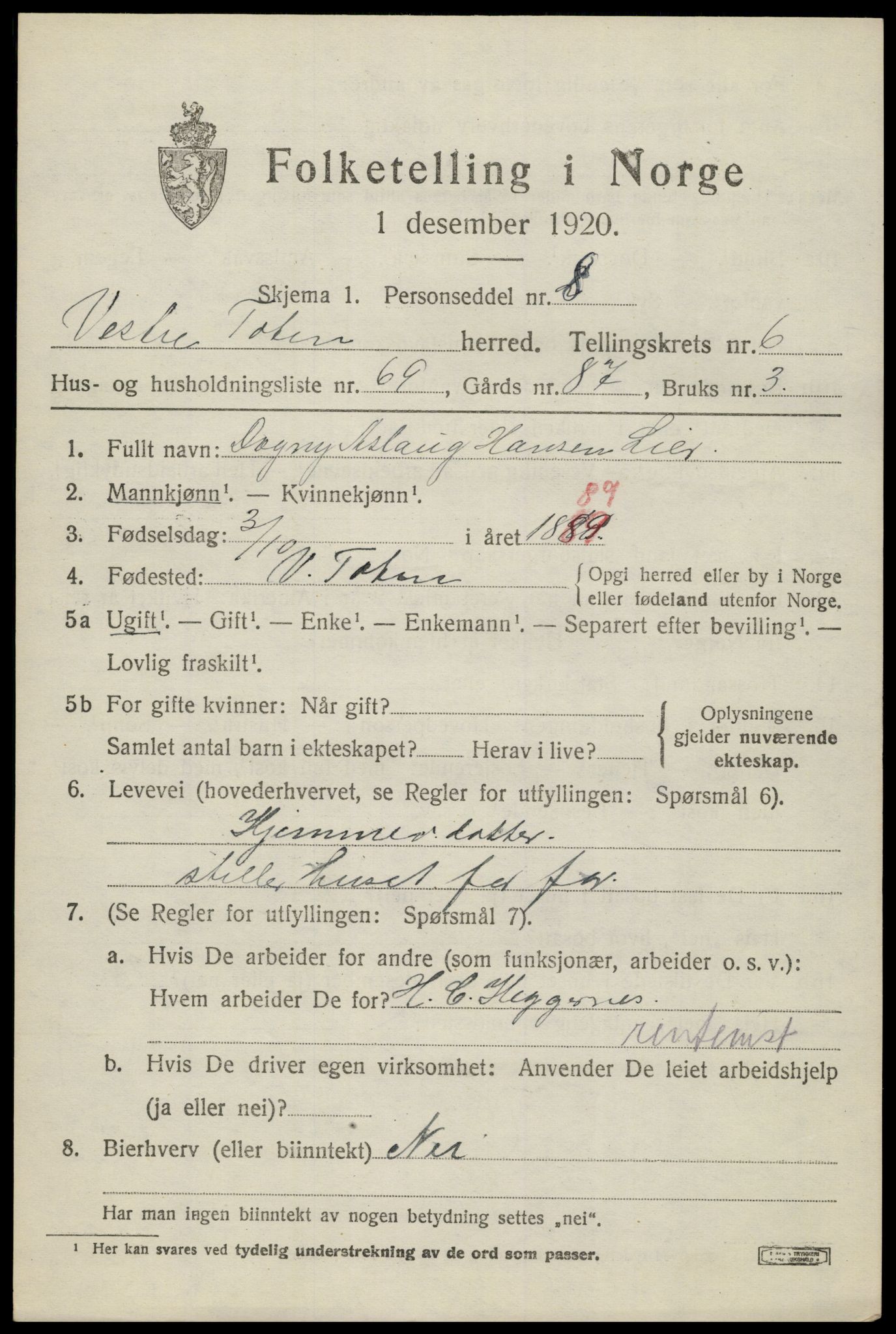 SAH, 1920 census for Vestre Toten, 1920, p. 8924