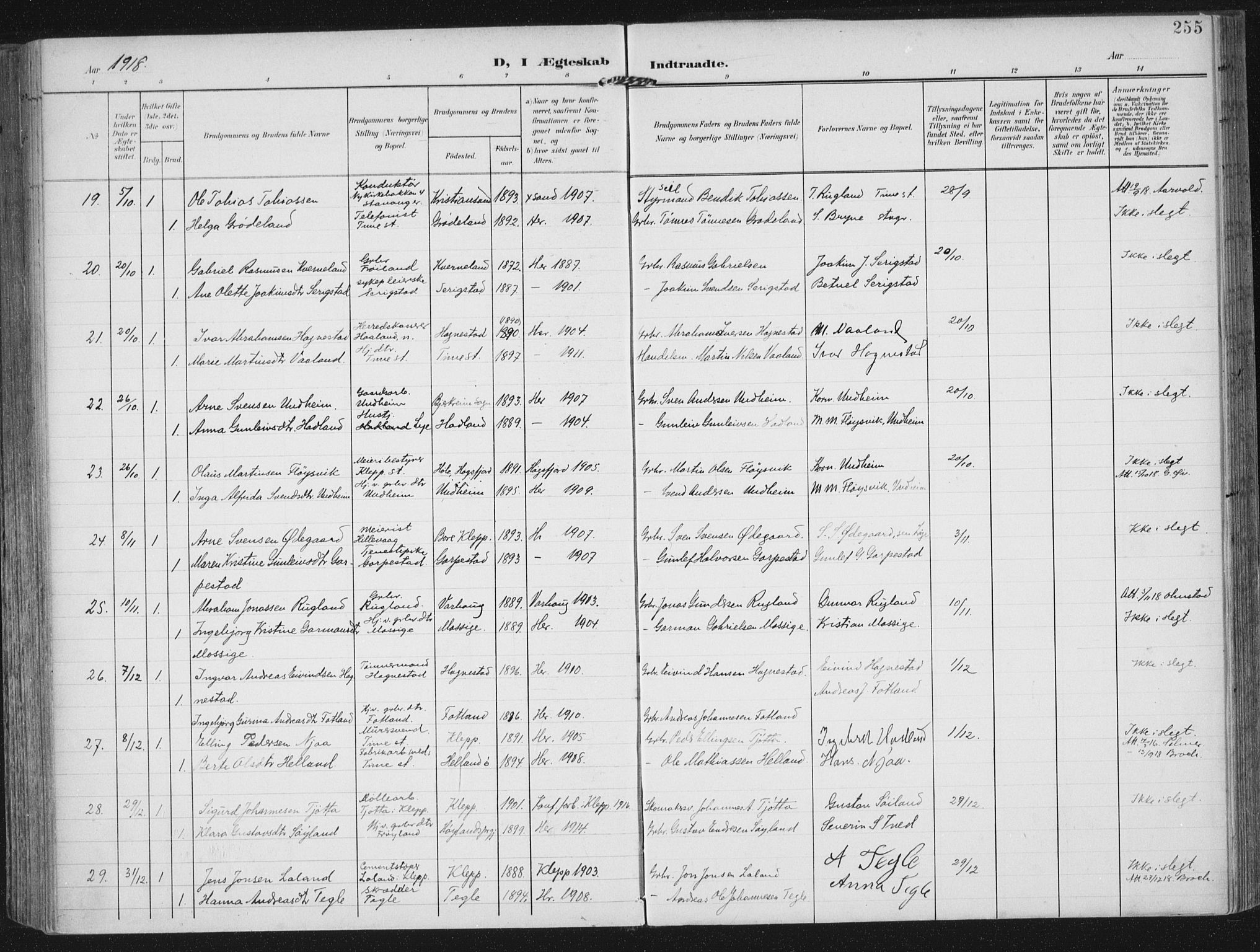 Lye sokneprestkontor, AV/SAST-A-101794/002/A/L0001: Parish register (official) no. A 12, 1904-1920, p. 255