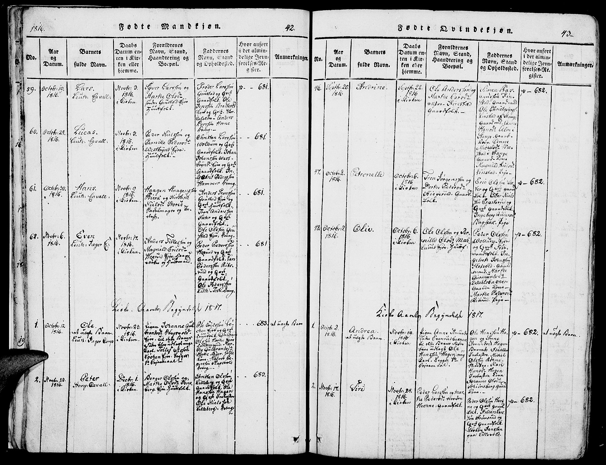 Romedal prestekontor, SAH/PREST-004/K/L0002: Parish register (official) no. 2, 1814-1828, p. 42-43