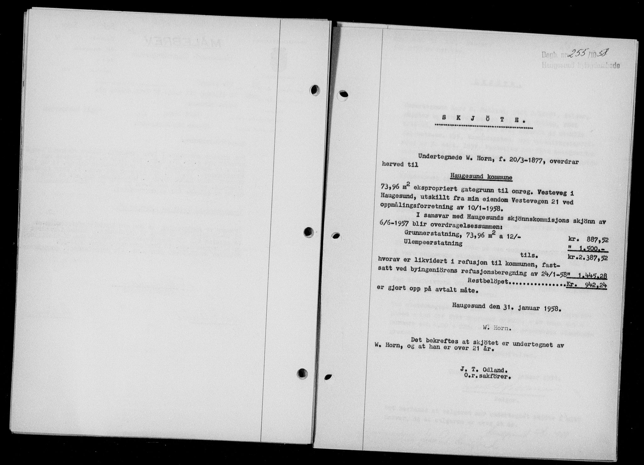 Haugesund tingrett, SAST/A-101415/01/II/IIC/L0068: Mortgage book no. A 9, 1956-1958, Diary no: : 255/1958