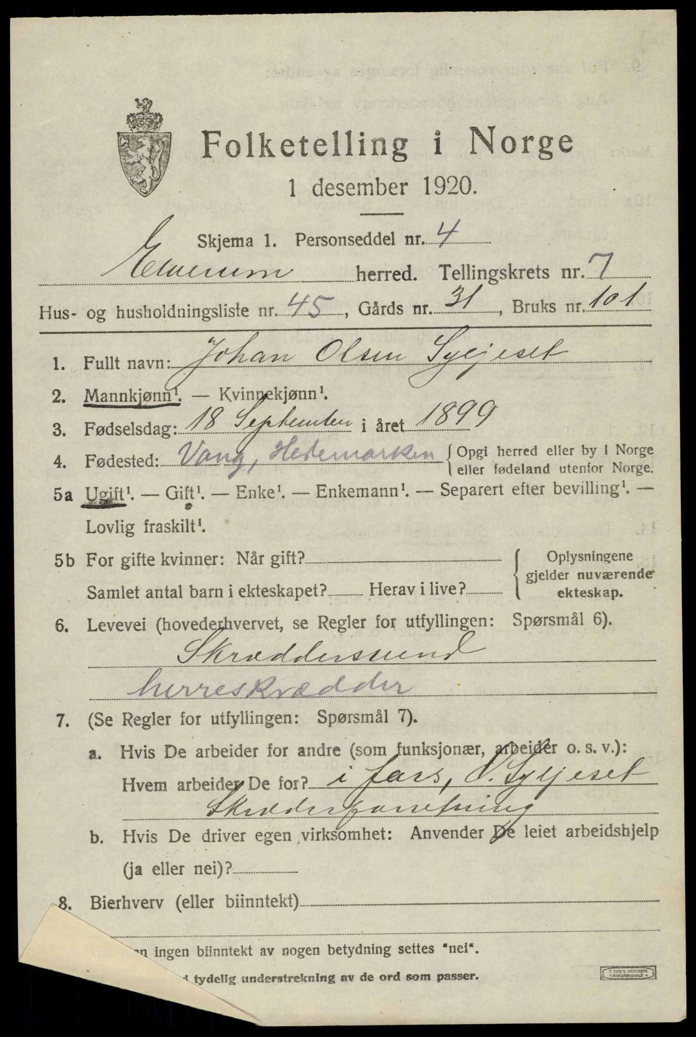 SAH, 1920 census for Elverum, 1920, p. 11518