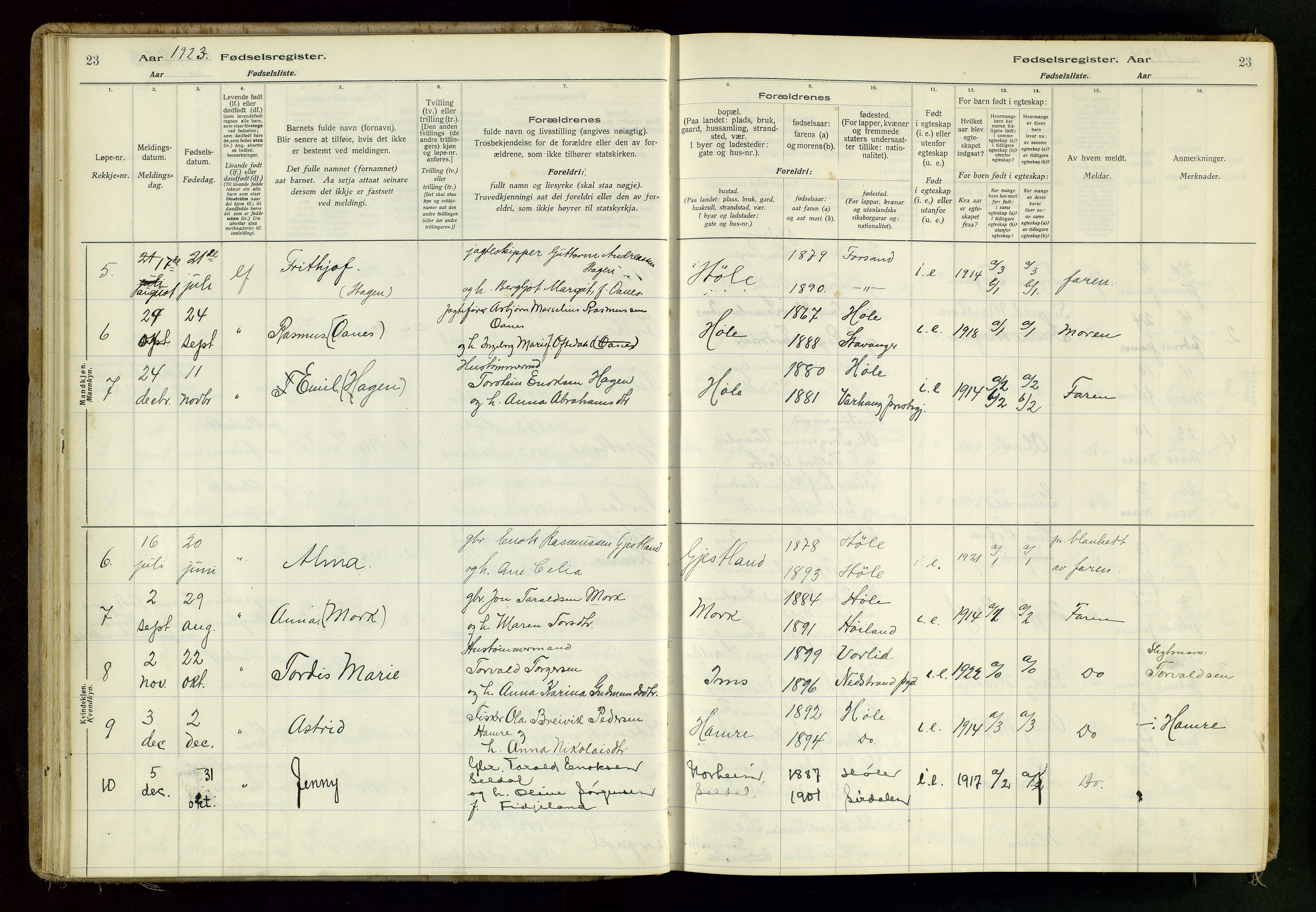 Høgsfjord sokneprestkontor, AV/SAST-A-101624/I/Id/L0001: Birth register no. 1, 1916-1982, p. 23