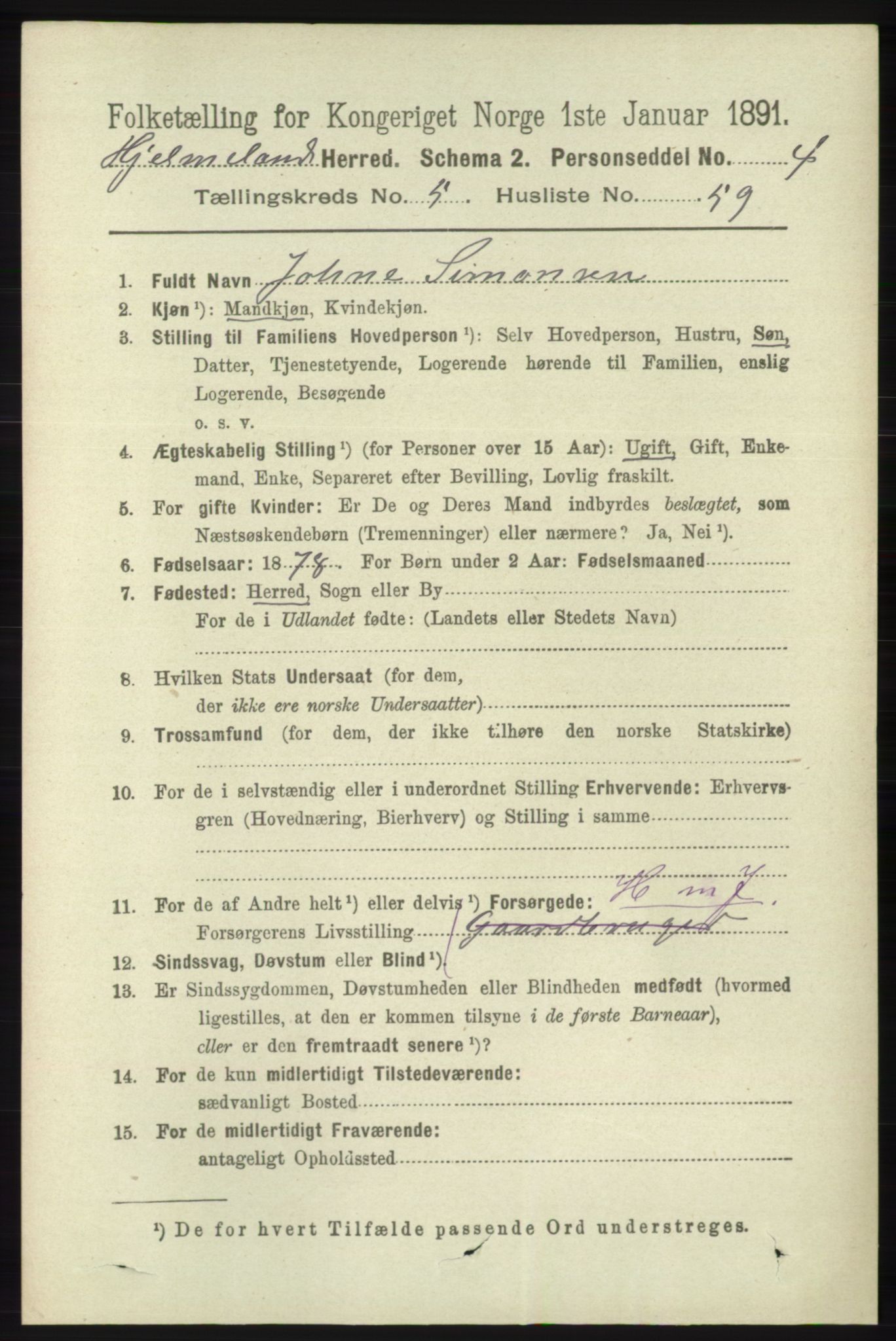 RA, 1891 census for 1133 Hjelmeland, 1891, p. 1491