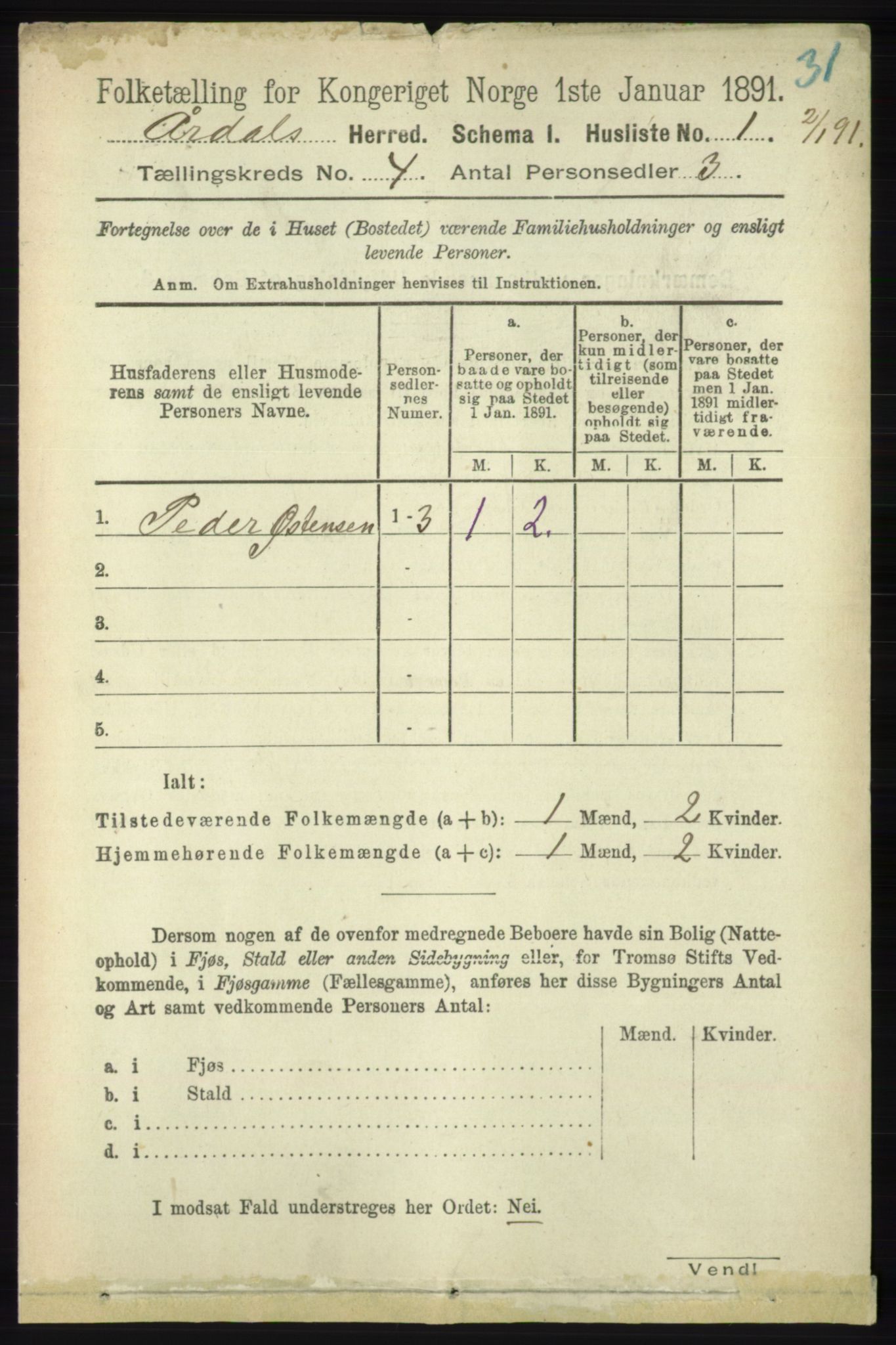 RA, 1891 census for 1131 Årdal, 1891, p. 1071