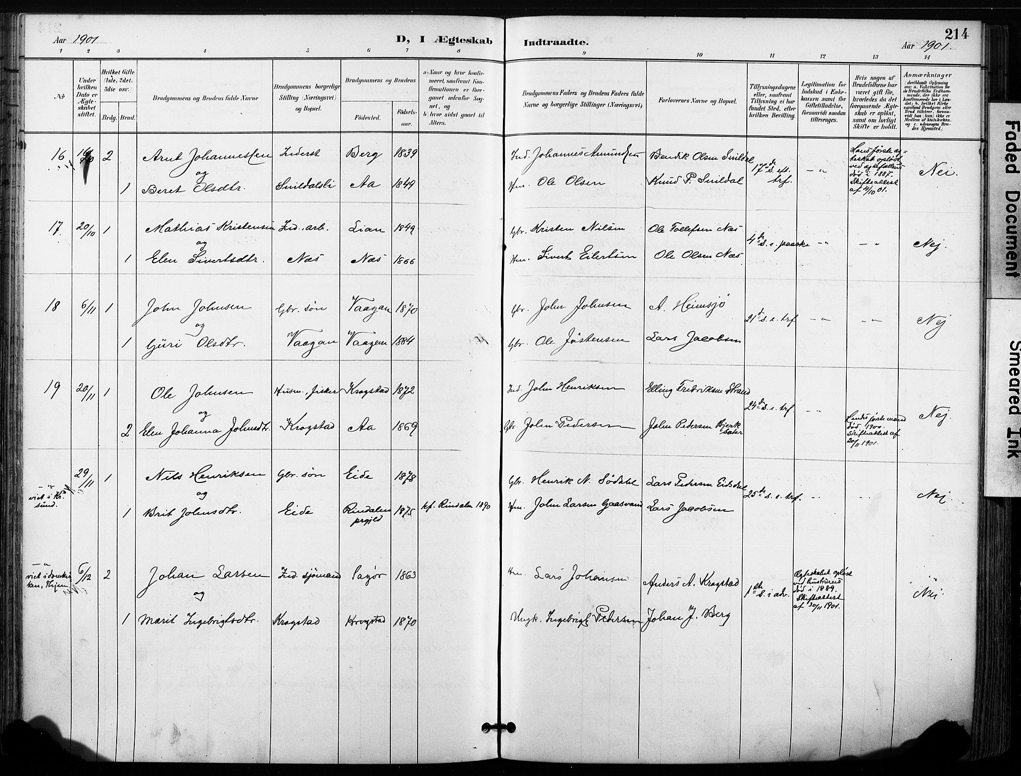 Ministerialprotokoller, klokkerbøker og fødselsregistre - Sør-Trøndelag, SAT/A-1456/630/L0497: Parish register (official) no. 630A10, 1896-1910, p. 214