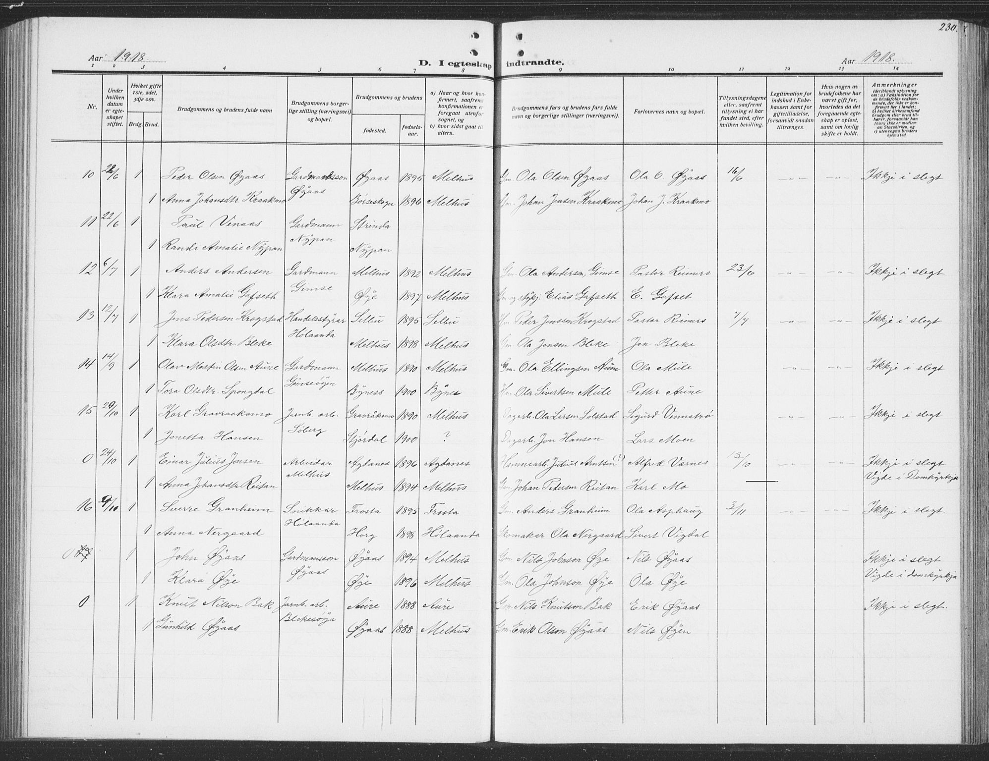 Ministerialprotokoller, klokkerbøker og fødselsregistre - Sør-Trøndelag, SAT/A-1456/691/L1095: Parish register (copy) no. 691C06, 1912-1933, p. 230