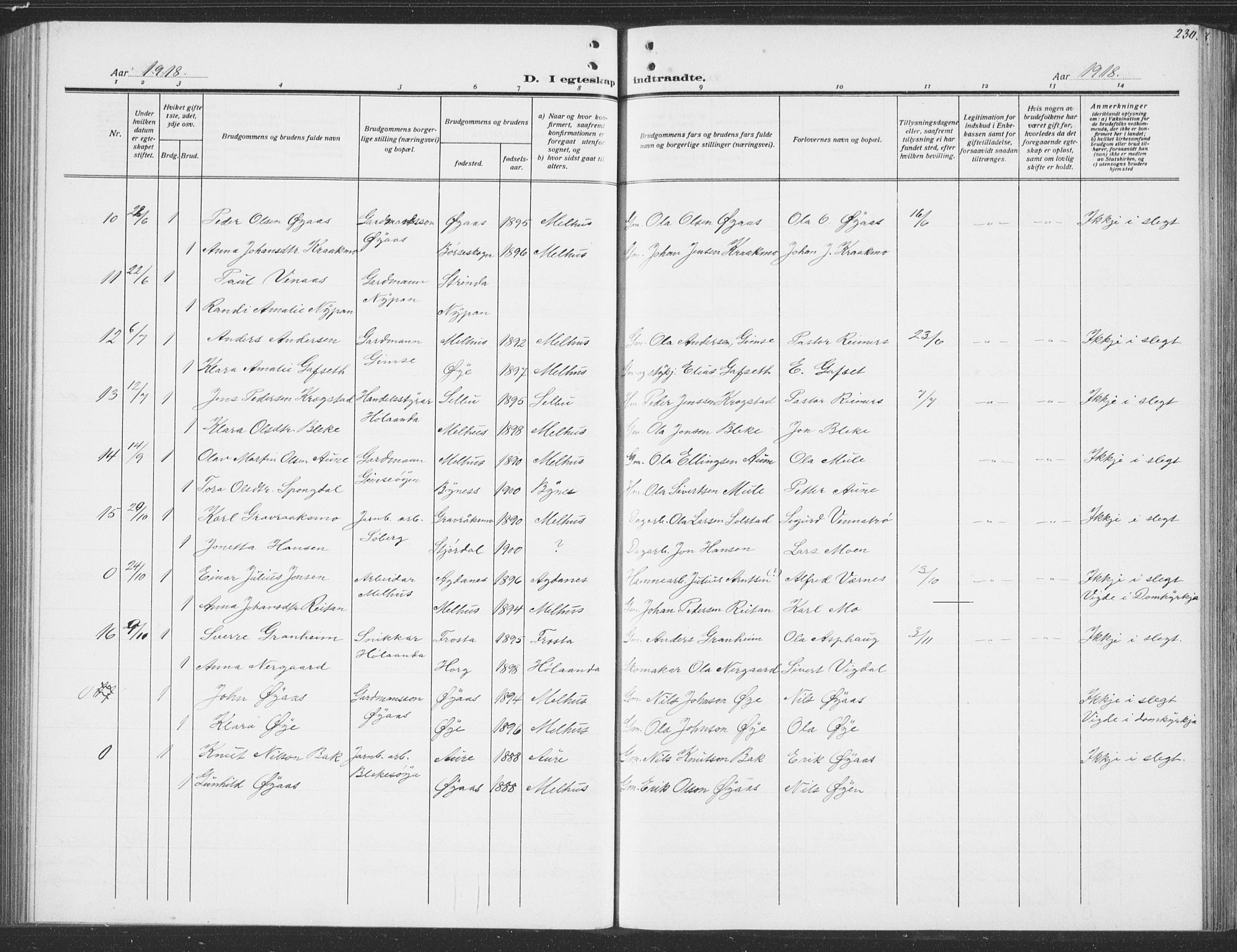 Ministerialprotokoller, klokkerbøker og fødselsregistre - Sør-Trøndelag, AV/SAT-A-1456/691/L1095: Parish register (copy) no. 691C06, 1912-1933, p. 230