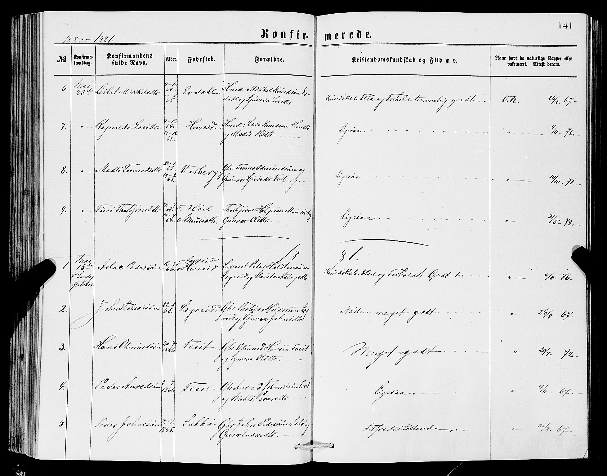 Ullensvang sokneprestembete, SAB/A-78701/H/Hab: Parish register (copy) no. C 2, 1871-1899, p. 141