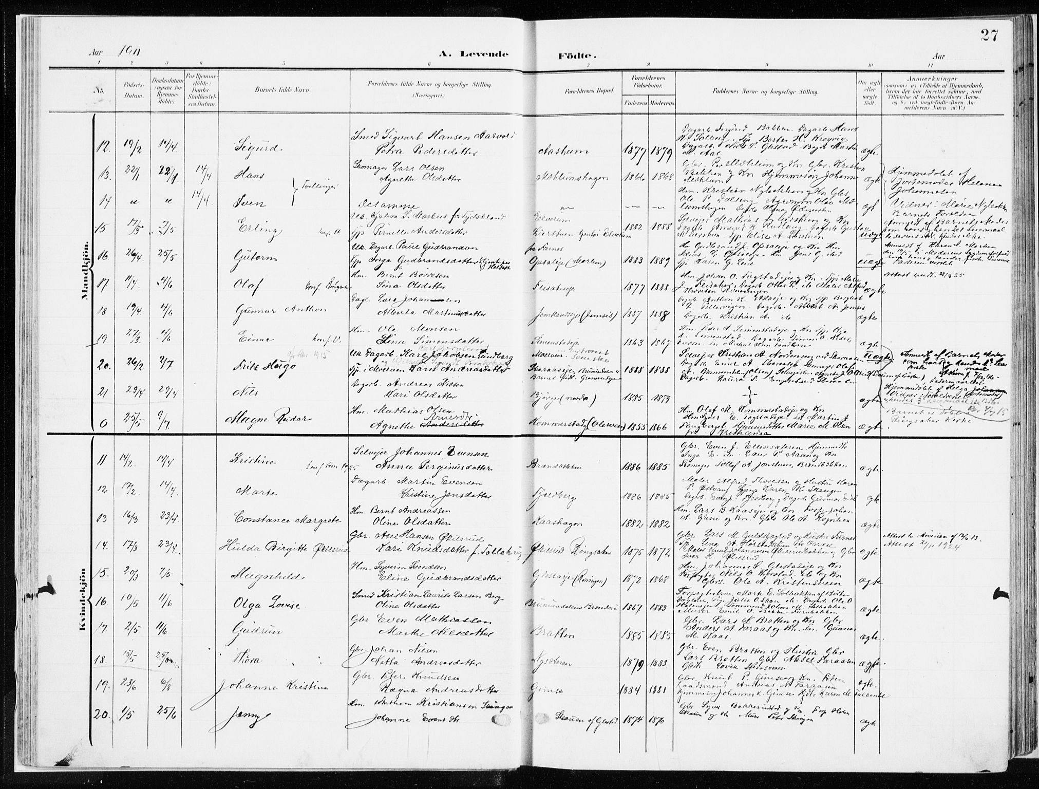 Ringsaker prestekontor, AV/SAH-PREST-014/K/Ka/L0019: Parish register (official) no. 19, 1905-1920, p. 27