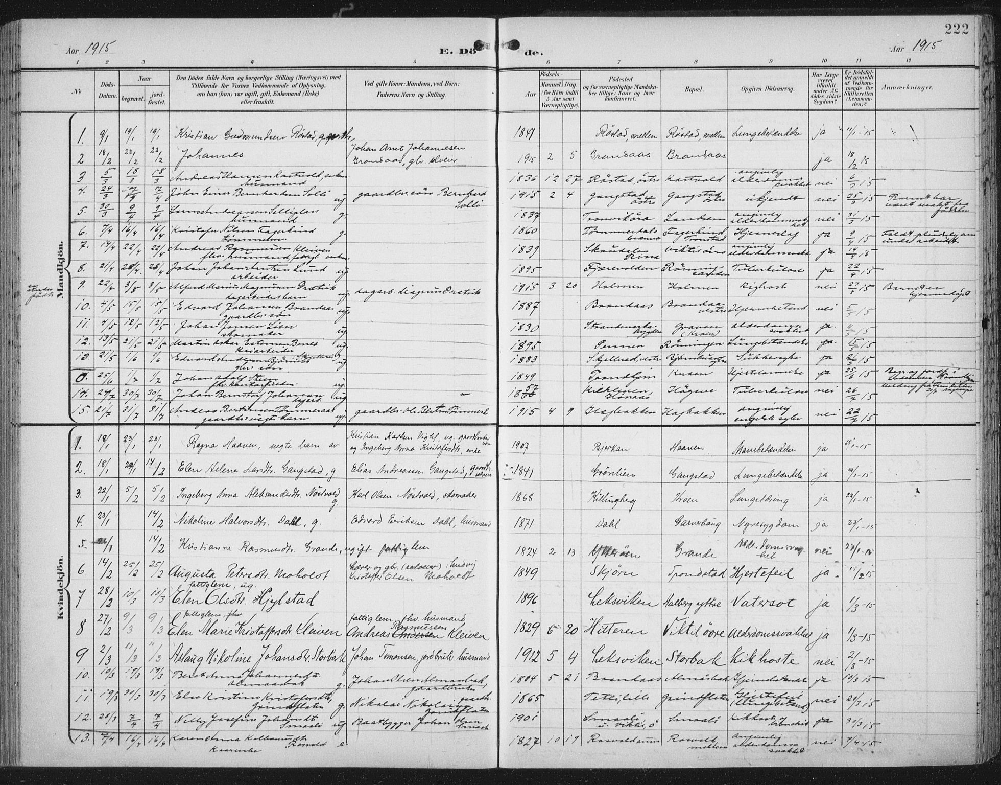 Ministerialprotokoller, klokkerbøker og fødselsregistre - Nord-Trøndelag, SAT/A-1458/701/L0011: Parish register (official) no. 701A11, 1899-1915, p. 222