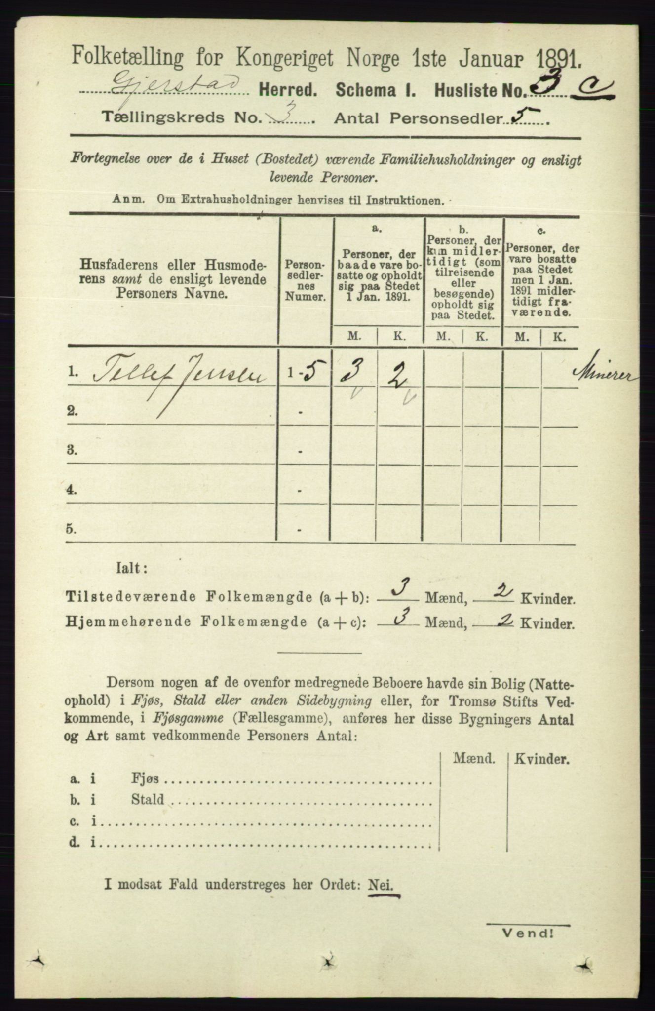 RA, 1891 census for 0911 Gjerstad, 1891, p. 999