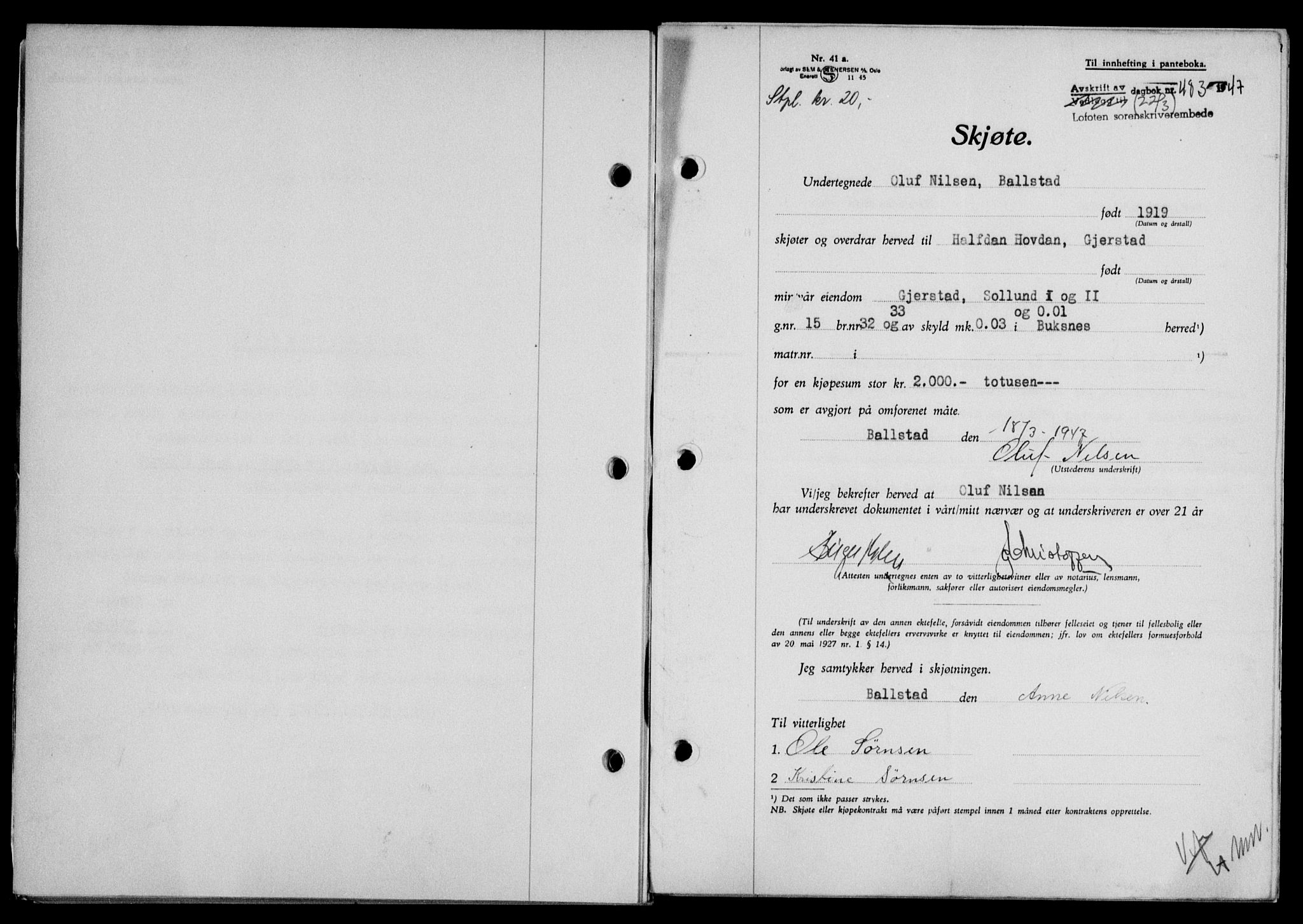Lofoten sorenskriveri, SAT/A-0017/1/2/2C/L0015a: Mortgage book no. 15a, 1946-1947, Diary no: : 483/1947